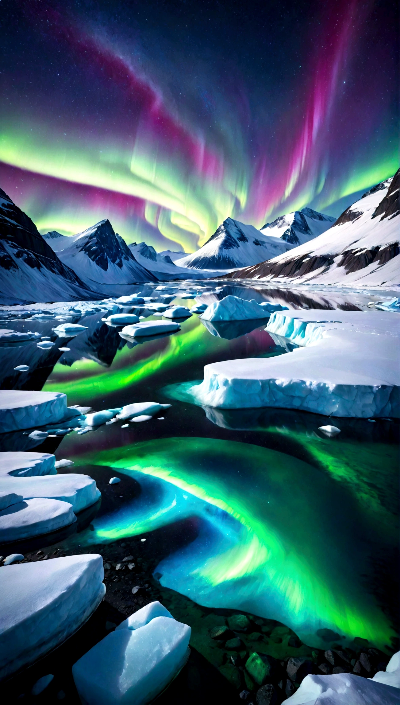 mesmerizing aurora borealis over the Arctic landscape. The scene features icy glaciers and snow-covered terrain illuminated by the vibrant greens, blues, and purples of the northern lights. A clear night sky full of stars adds to the magic of the moment, reflecting on the pristine, frozen waters below.