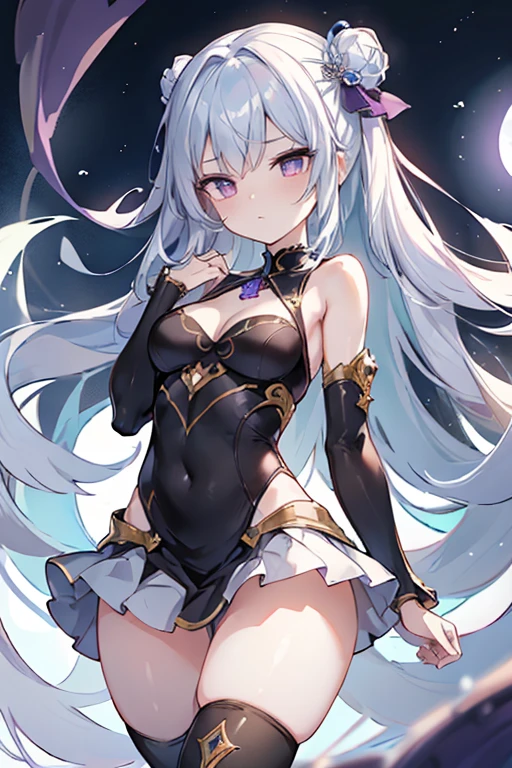 1girl, anime, cute girl, blank background, white background, fantasy, detailed fantasy dress with highlights, beautiful face, beautiful eyes, dark colors, black hair with multicolor streaks, red eye with different color pupil in eye, multicolor eye, medium breasts, slight cleavage, beautiful skin, cute, breast curtains, extremely delicate and beautiful, (beautiful detailed face:1.0), (detailed deep eyes), symmetrical breasts, deep eyes, shiny skin, portrait, slender waist, hips wider than shoulders, thighs, expressionless, young girl, luminous eyes, adorable，（Kpop idol）,（aegyo sal：1），（Platinum blonde hair：1），（（puffy eye）），Black panty，sexy posture，Superskirt, Ultra-high resolution，Black collar，slim figure, Abdominal y tattoo, womb tattoo，Tight-fitting leg ring，y tattoo on half-body，Bare skin, Armored hand，Hidden fingertips，Hand covered，Arm covered，Fist covered,{{beautiful detailed fingers}}, tufts of hair, moderate beautiful breast:1.0,(masterpiece:1.2), best quality, high-res, HDR, perfect face, intricate armor, delicate blue filigree, intricate filigree, red metalic parts, detailed part, dynamic pose, dynamic lights, cute face, neutral expression, shuimobysim, lotus, hanfu, maxi skirt, dress conservatively 1girl, solo, long blue hair, standing, One lady,14years,((White hair) ,(Shiny purple bodysuit with microskirt),((Fantasy, Moon Night)), gradient_eyes,