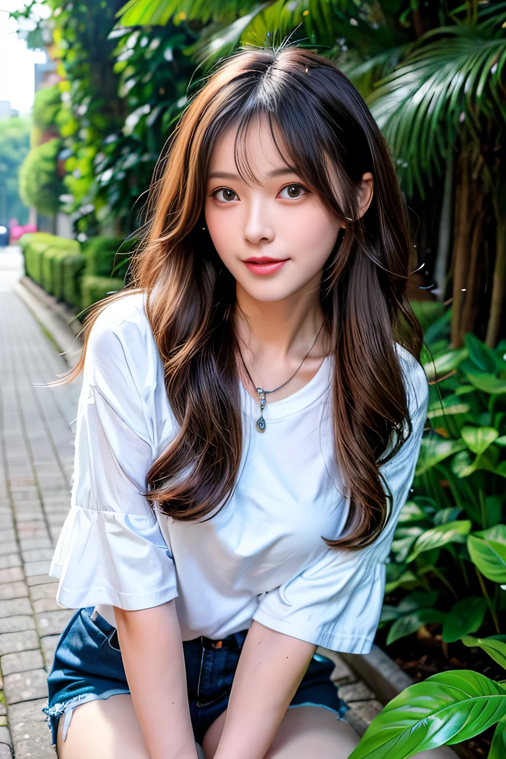 ((Full Body Angle))、((Front hair:1.3))、((highest quality, 8K, masterpiece: 1.3)), concentrated: 1.2, Cute girl 1,Nipples erect、 Perfect beauty: 1.4,Cut and sewn T-shirt Raglan sleeve summer short sleeve T-shirt.Shorts: 1.2,Long sleeve、Randall Color、comics&Text Graphics、Black ruffle-trimmed drawstring zip blouse,1.1, Highly detailed face and skin textures, Fine grain, double eyelid, whitening skin, ,highest quality,Ultra-high resolution,you,1 girl,alone,_Shiny_skin,Iris,necklace,((Brown_length_Wavy_hair)),(lips)),eyelash,Front hair,deal with,compensate,Shiny,pore,skin texture,Large Breasts、smiling face、stroll、Jump、