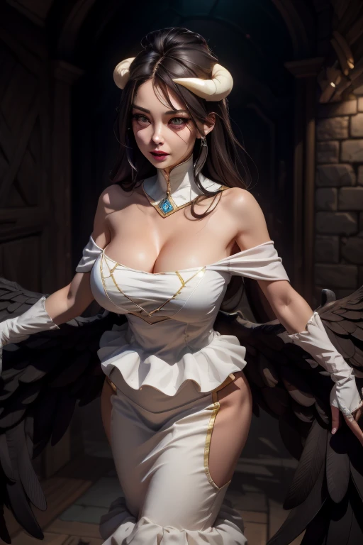 masterpiece, best quality, High resolution, All 1, devil horns, Slit pupil, White gloves, White Dress, Bare shoulders, Separate collar, (((Full breasts)))(((Cleavage))),((Huge teardrop chest, Huge breasts))Perfect body, Black Wings, wing, Low Wing, Cowboy shooting, permanent, Dungeons, Evil smile, Lend a helping hand, Open your arms, Stretch out your arms,