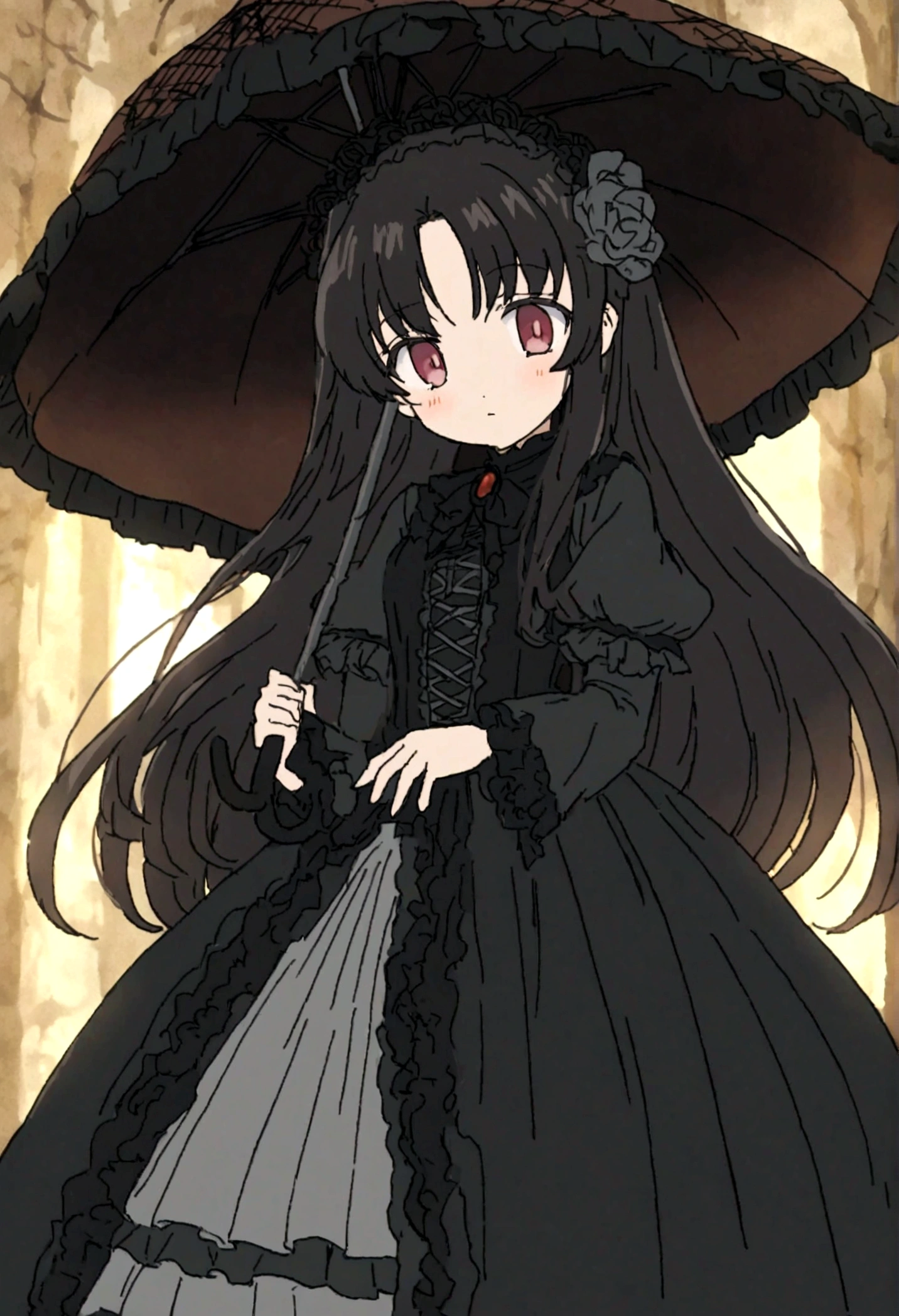 (Super meticulous),(full bodyesbian:1.2), 1girl, araffe dressed in a victorian dress and hat holding an umbrella, dressed with long fluent clothes, victorian gothic lolita fashion, lolita style, lovely dark autumn princess, victorian style costume, japanese clothes, victorian inspired clothing, anime girl wearing a black dress, victorian dress, anime girl cosplay, style anime, black gothic lolita dress, gothic maiden anime girl, romantic dress, ,(Beautiful and delicate eyes)