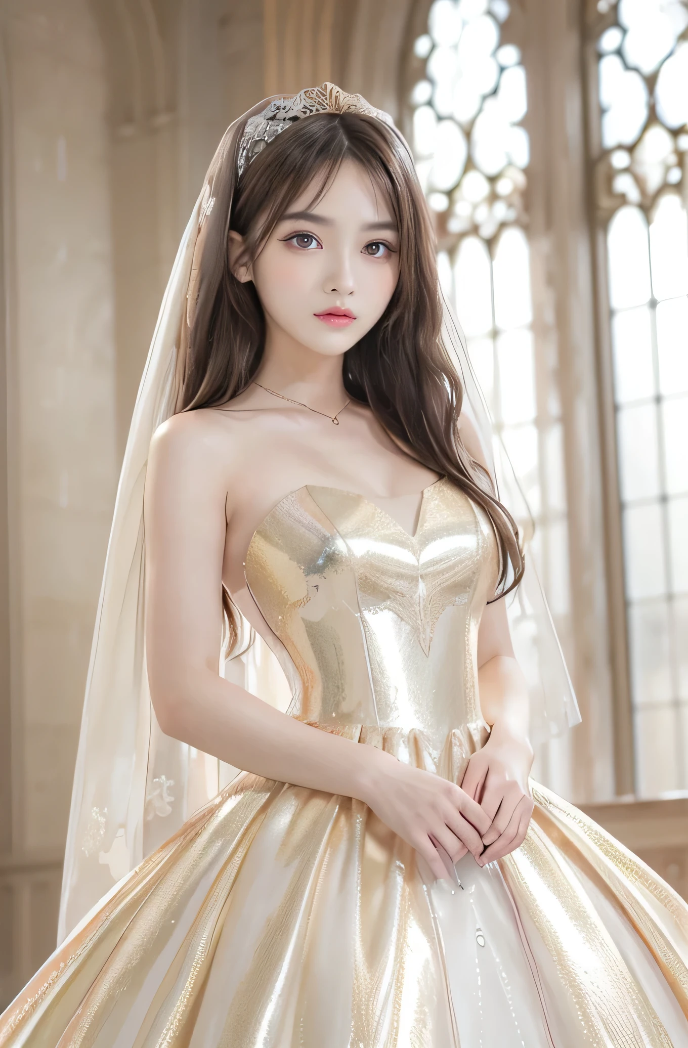 Angelic Very beautiful cute girl,
15 yo,
Beautiful detailed eyes,
Detailed double eyelids,
(Large eyes:1.4),
Long straight brown hair,
see-through bangs,
Sharp Focus,
small straight nose,
beautiful detailed face and eyes,
drooping eyes,
(Soft Saturation: 1.3),
(Fair skin: 1.2),
BREAK (hyper gorgeous and very beautiful shiny metallic gold wedding dress :1.5),(designer brand wacky beautiful dress:1.3),
Costume lighting,(body shot:1.2),standing ,church ,very beautiful stained glass window ,
Costume lighting,(clear-eyed:1.3)