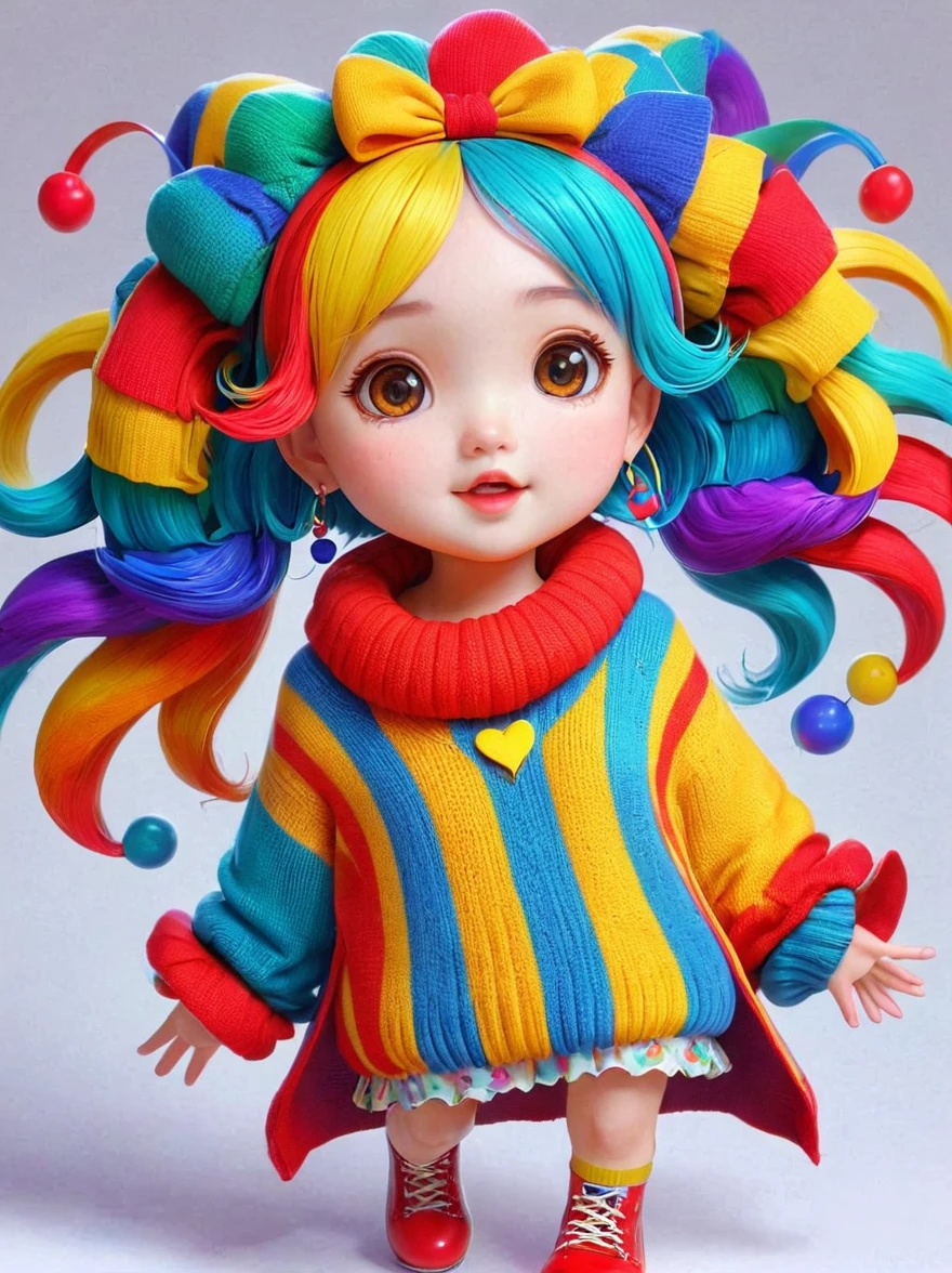 1girl, curls, Colorful sweater, solo, Colorful，Character Conception，cute，Bright colors，cute的艺术风格，cute的插图，cute的卡通，cute的人物，whole body，Color illustrations，Colorful的插图，Colors come in many colors，cute和细致的数字艺术，Color drawing，cute的卡通人物，cute的卡哇伊女孩，Beautifully detailed artwork, 1fkxc1