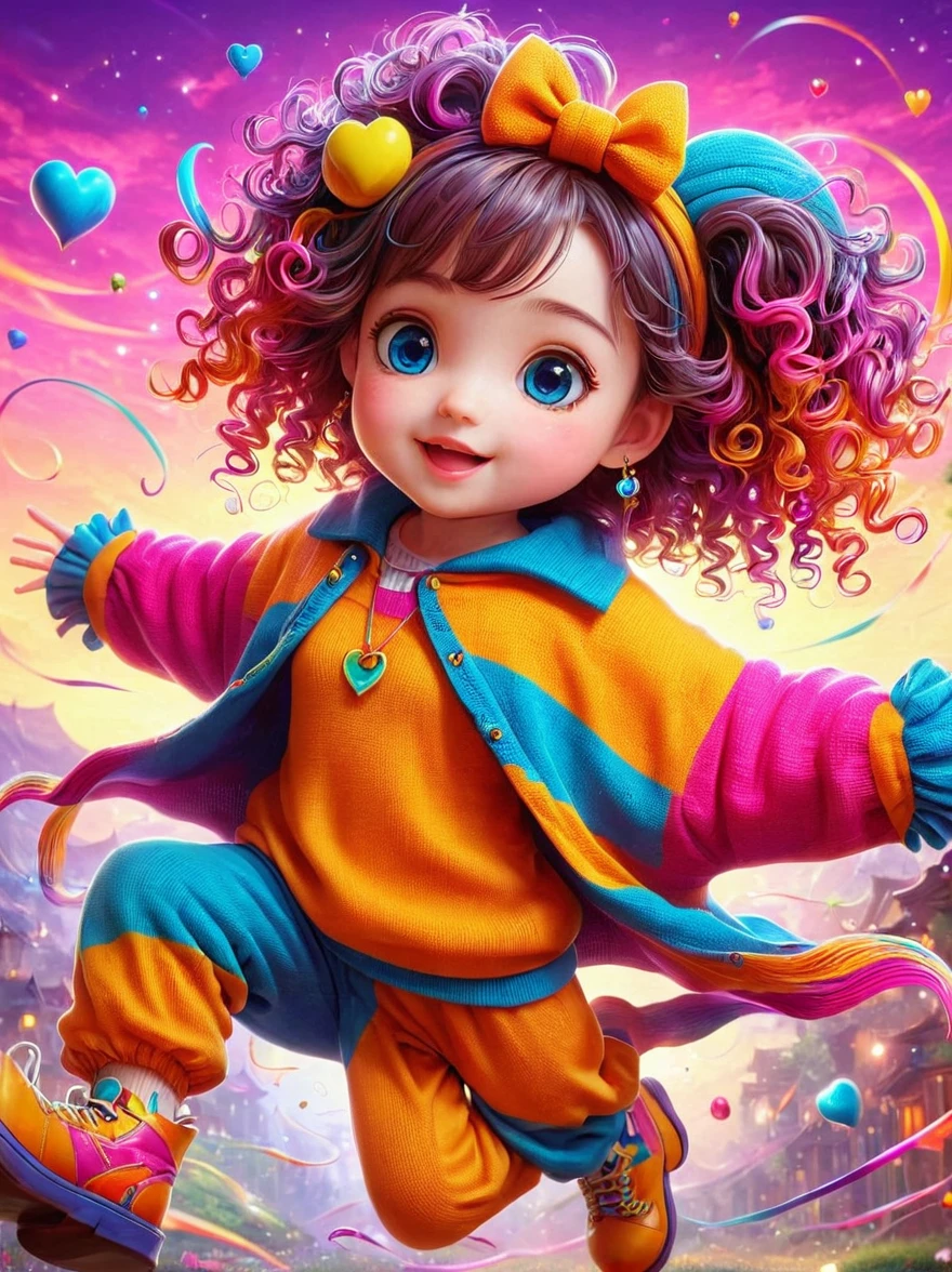 1girl, curls, Colorful sweater, solo, Colorful，Character Conception，cute，Bright colors，cute的艺术风格，cute的插图，cute的卡通，cute的人物，whole body，Color illustrations，Colorful的插图，Colors come in many colors，cute和细致的数字艺术，Color drawing，cute的卡通人物，cute的卡哇伊女孩，Beautifully detailed artwork, 1fkxc1