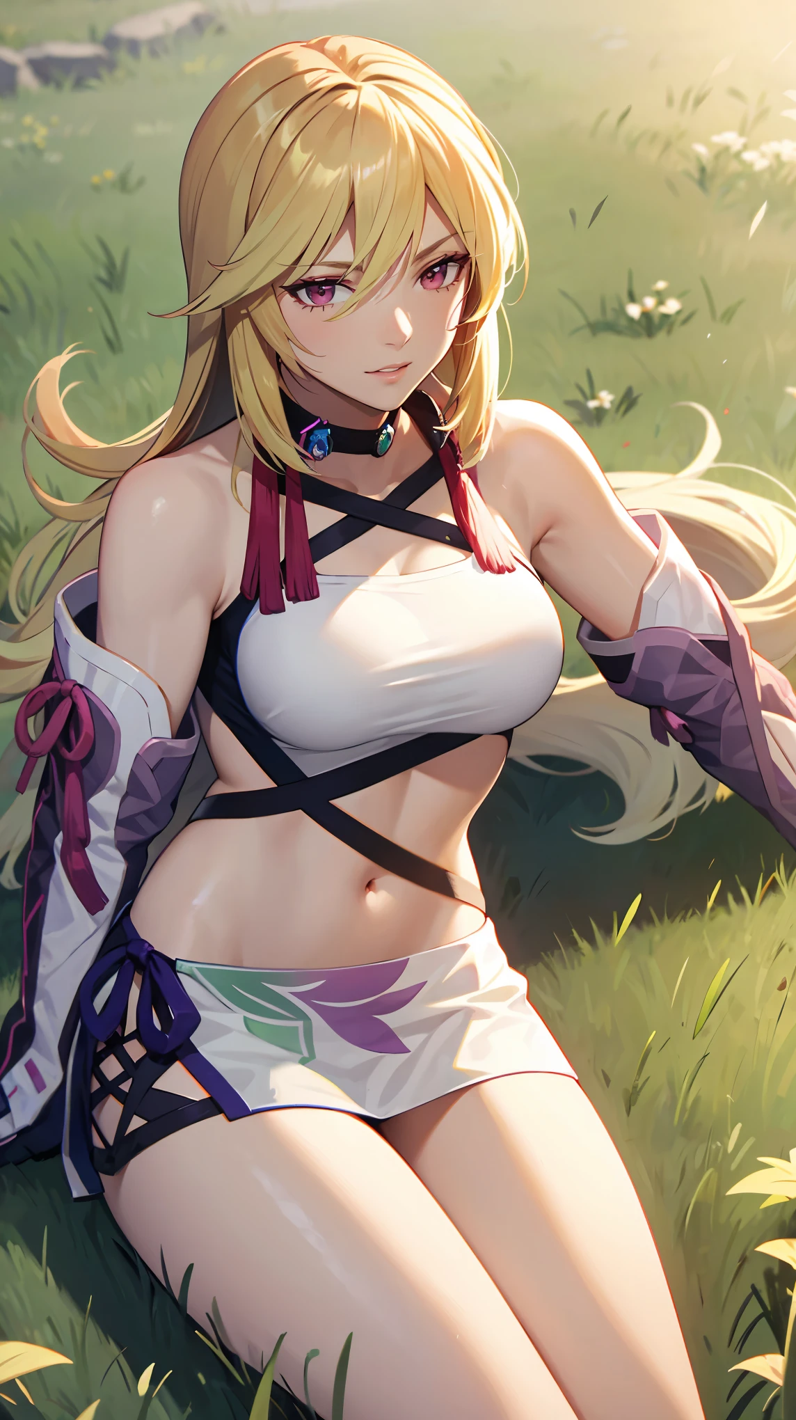 Solo, Milla maxwell, adult woman, lomg hair blonde, bare shoulder, crop top, grass field, windy, 4k resolution, high quality