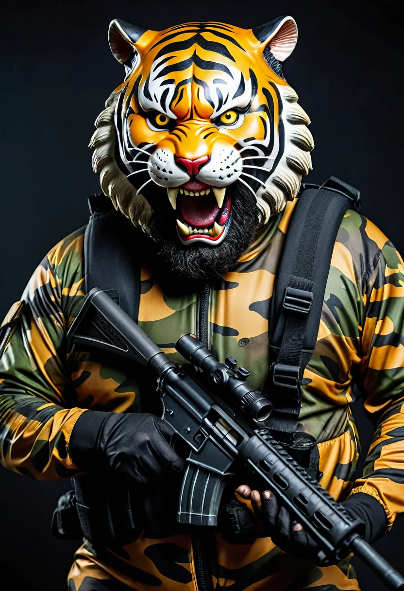(a dark-skinned bearded fat old man in a bulky camouflage zipper diver suit) holding a gun and (wearing realistic roaring tiger mask that show the wearer eyes), muscular, Basuki Abdullah, sumatraism, action, a character portrait, heroic, fierce, snarling