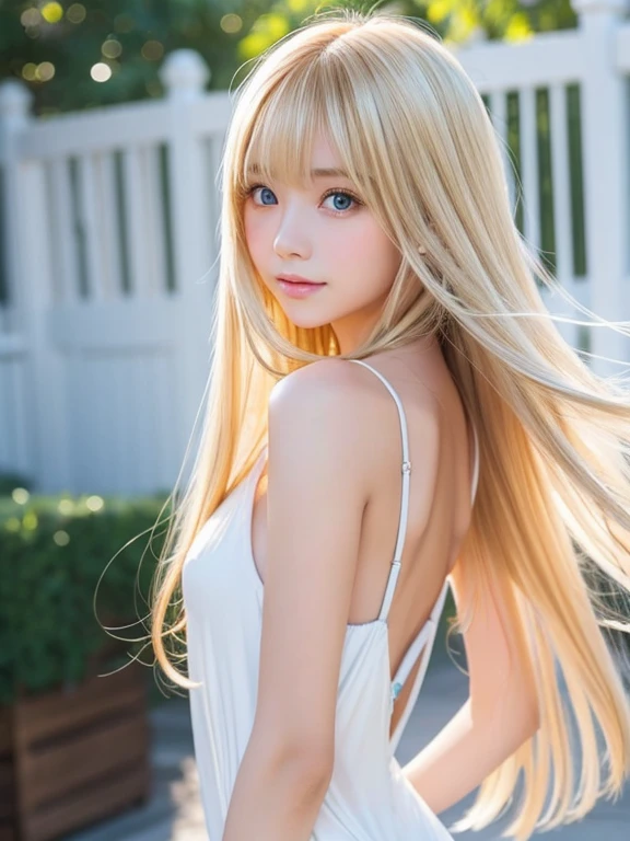 Golden shiny hair、Dazzling blonde super long silky hair、Cute little beautiful face of 17 years old、Shiny hair dancing in front of a pretty face、Long, silky bangs that cover the eyes、Bright pale blue eyes、Hair that hides the face、Sexy and cute young woman with super long bangs、snow-white beautiful skin、Oil-based teak gloss、Small Face Beauty