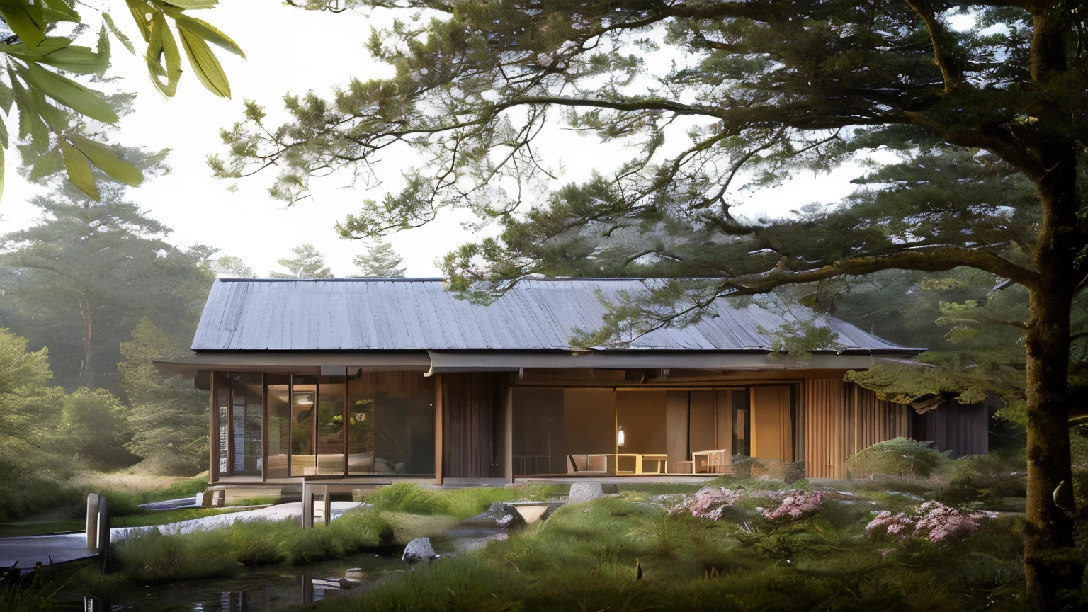 realistic photo of a small cabin house with a lot of flowers in the yard, luxurious wooden cottage, beautiful modern Japan house on a forest path, the small cabin modern Japan house in the forest, white house, integrated in the mountains, cottagecore!!, 8k)), soothing and cozy landscape, peaceful wooden mansion, UHD, 8k, highly detail
