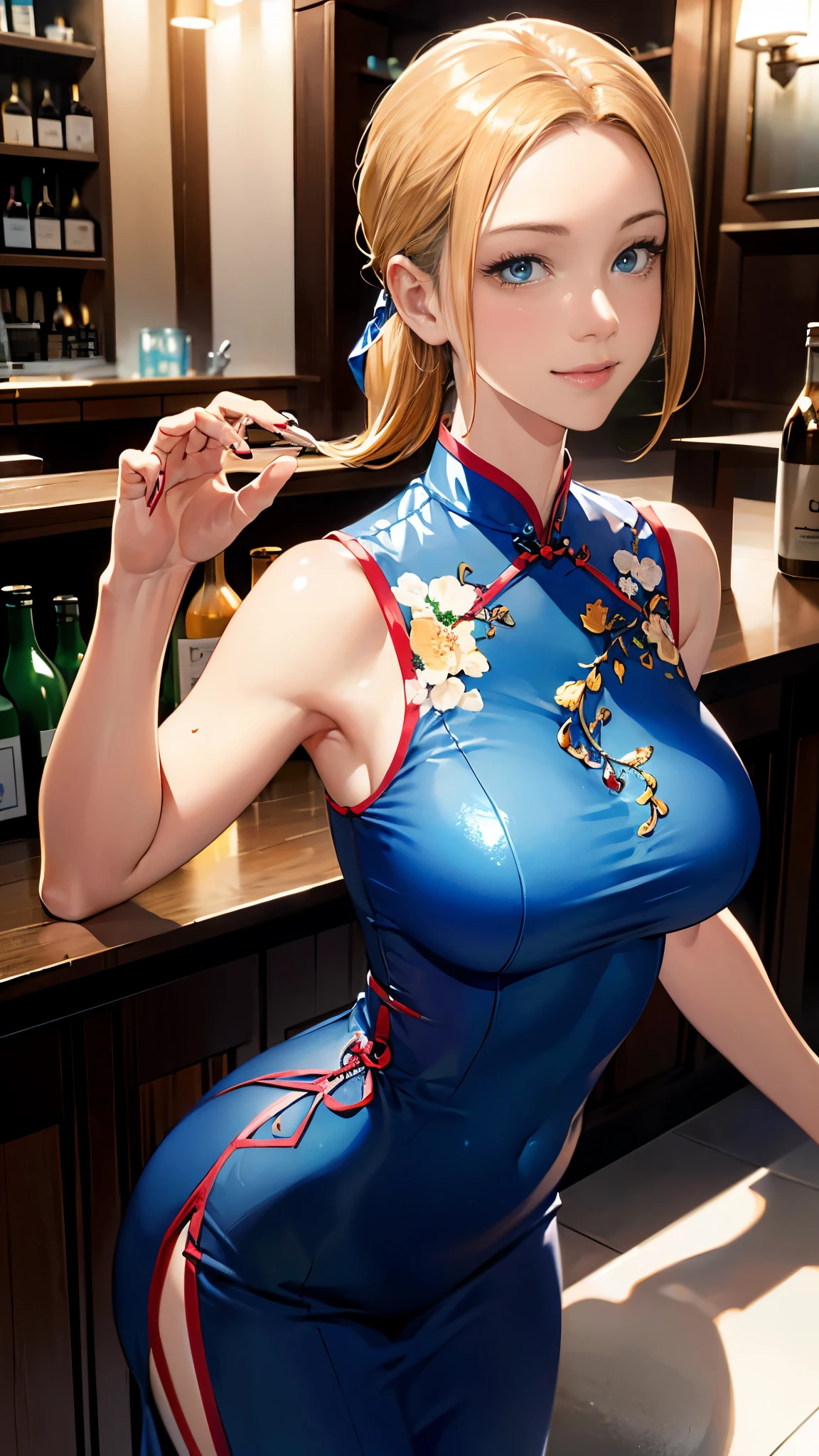 (masterpiece:1.3, highest quality, Ultra-high resolution, Super detailed), (Realistic, photoRealistic:1.4), Beautiful illustrations, Perfect lighting, Natural light, colorful, Depth of written boundary, Surrealism,
View Viewer, 1 girl, , 7 heads, Perfect Face, (Perfect Anatomy), Cute and symmetrical face, Baby Face, S, (Ideal body proportions),
(Mid-length hair:1.5, Side Ponytail:1.2, Blonde Hair), Hair between the eyes, Dark blue eyes, Long Eyelashes, (Big Breasts:1.2, Captivating thighs), thin, Small Ass, thin feet,
Beautiful Hair, Beautiful Face, Beautiful fine details, Beautiful clavicle, Beautiful body, Beautiful breasts, Beautiful thighs, Beautiful feet, Beautiful fingers,
((Sleeveless blue mini cheongsam)), Blue High Heels,
(Beautiful views), evening, (bar counter), (smile:1.5, happiness),