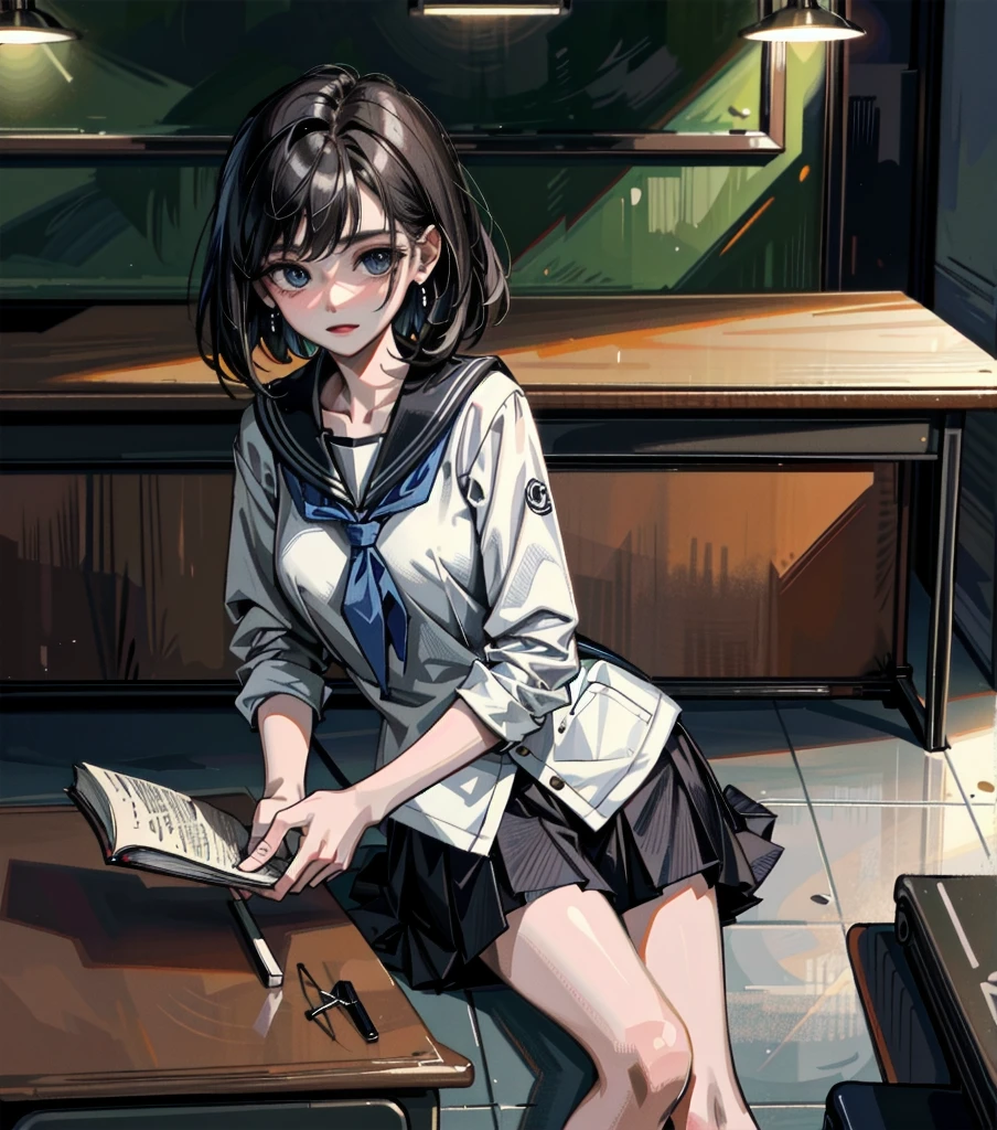 absurdres, RAW photo, extremely delicate, extremely beautiful, masterpiece, Best Quality, ultra high resolution, 32k, hyperrealistic, ultra-detailed description, perfect anatomy, pale skin, 20 years old, detailed beautiful face, detailed beautiful face eyes, tearful mole, earring, short medium hair, wavy hair, black hair, big tits, whole body, Korean school_uniform, sailor suit, Pleated mini skirt, a classroom interior, school setting, chalkboard, desks, books, backpacks, pencils, educational posters,