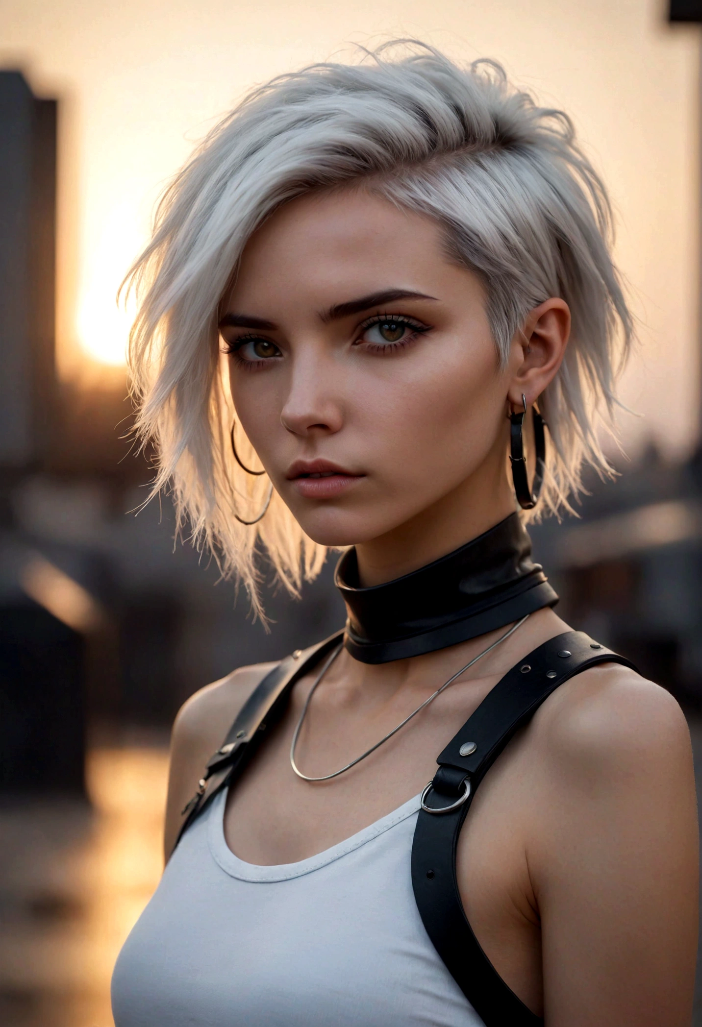 portrait photo of a stylish beautiful girl, in a dystopic environment, asymmetric hair cut, cyberpunk aestethic, cyberpunk hoop earrings, cyberpunk collar, white crop top, lowrise black leather pants, heavenly beauty, 8k, high detail, sharp focus, (skinny), toned, (realistic dirty skin) sunshine on her face, sunset, looking at camera, white hair