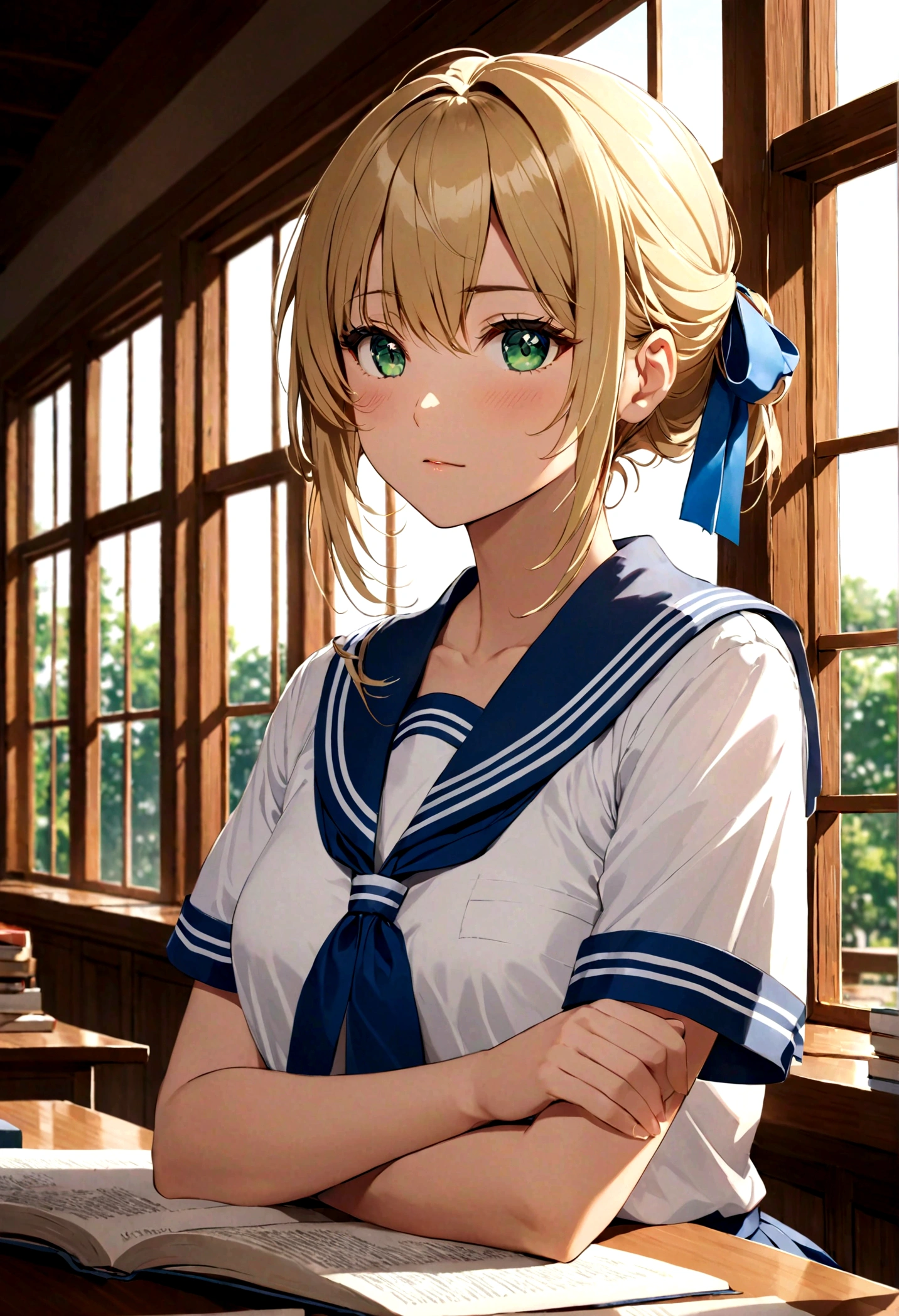 ((masterpiece,best quality, high resolution)), 1 Girl, Solitary, Green Eyes, Long blond hair tied with a blue ribbon, Bangs, sit, Cross your arms on the table, Sleeping with arms folded, Uniforms, Shirase Fuku, Red sailor collar, Short sleeve, White pleated skirt, (In the library), Dramatic lighting, Next to the window, afternoon light through the window, afternoon, Bokeh effect