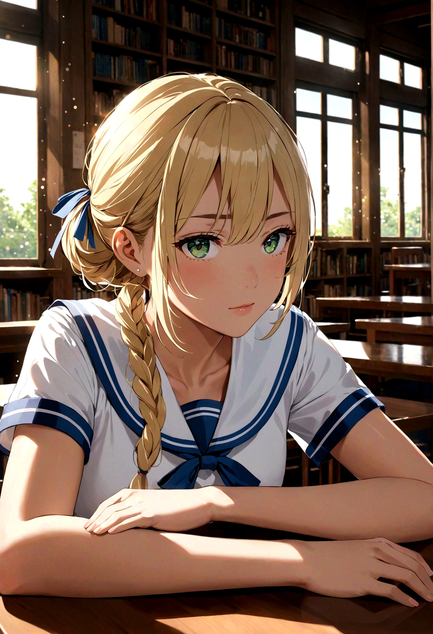 ((masterpiece,best quality, high resolution)), 1 Girl, Solitary, Green Eyes, Long blond hair tied with a blue ribbon, Bangs, sit, Cross your arms on the table, Sleeping with arms folded, Uniforms, Shirase Fuku, Red sailor collar, Short sleeve, White pleated skirt, (In the library), Dramatic lighting, Next to the window, afternoon light through the window, afternoon, Bokeh effect