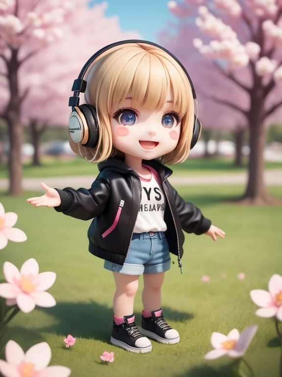 Blonde short hair、Playing an acoustic guitar、(masterpiece),(best quality),(ultra-detailed), (full body:1.2), solid background 1girl, chibi,cute, smile, open mouth, outdoors, playing ((piano)),music, jacket, blush, tree, :3, shirt, short hair, cherry blossoms, blurry, brown hair, blush stickers, long sleeves, bangs, headphones, black hair, pink flower, (beautiful detailed face), (beautiful detailed eyes),