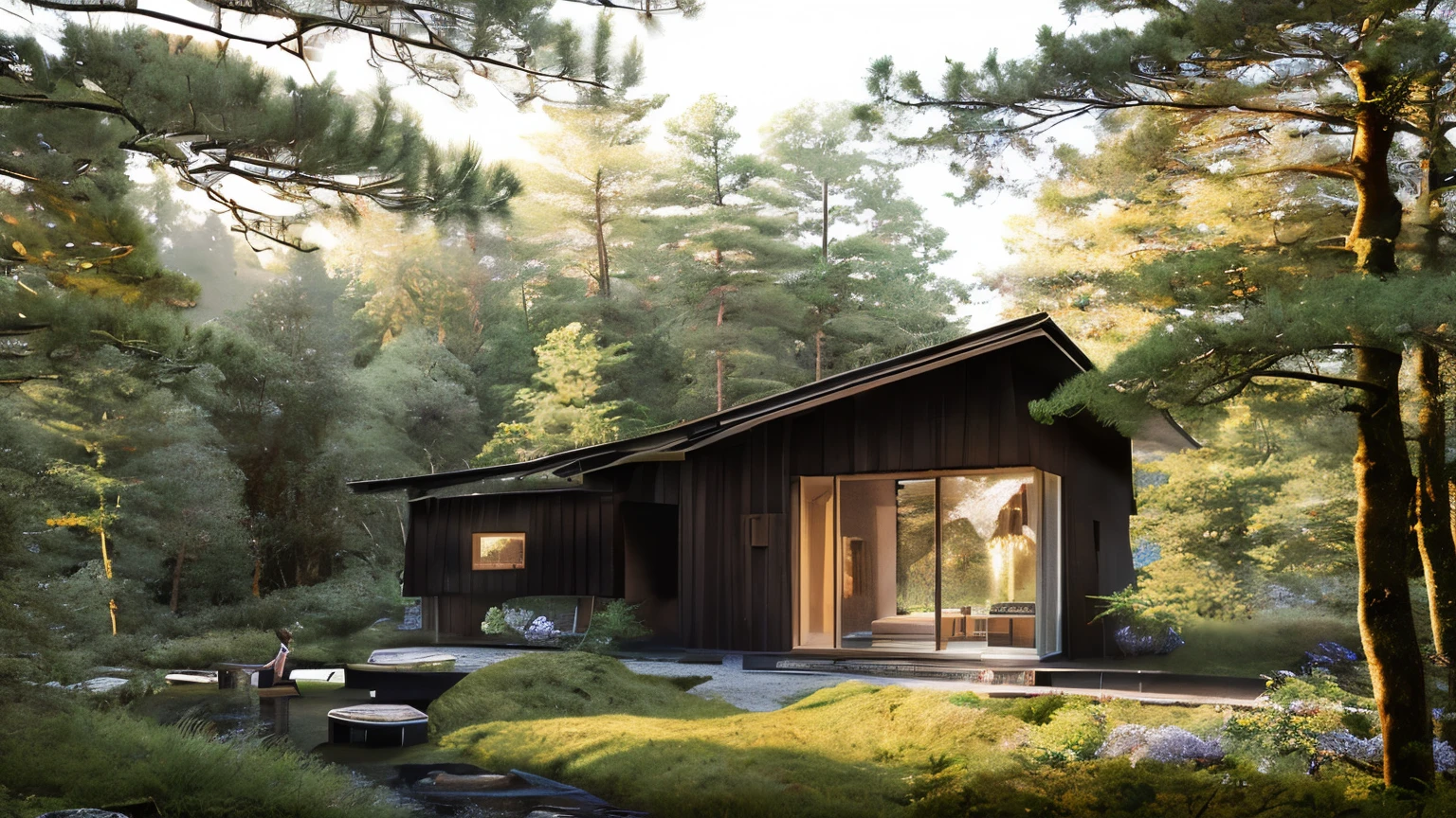 realistic photo of a small cabin house with a lot of flowers in the yard, luxurious wooden cottage, beautiful modern Japan house on a forest path, the small cabin modern Japan house in the forest, white house, integrated in the mountains, cottagecore!!, 8k)), soothing and cozy landscape, peaceful wooden mansion, UHD, 8k, highly detail
