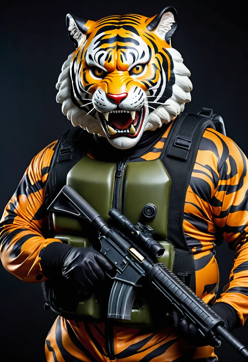 (a dark-skinned fat old man in a bulky camouflage zipper diver suit) holding a gun and (wearing realistic roaring tiger mask that show the wearer eyes), muscular, Basuki Abdullah, sumatraism, action, a character portrait, heroic, fierce, snarling