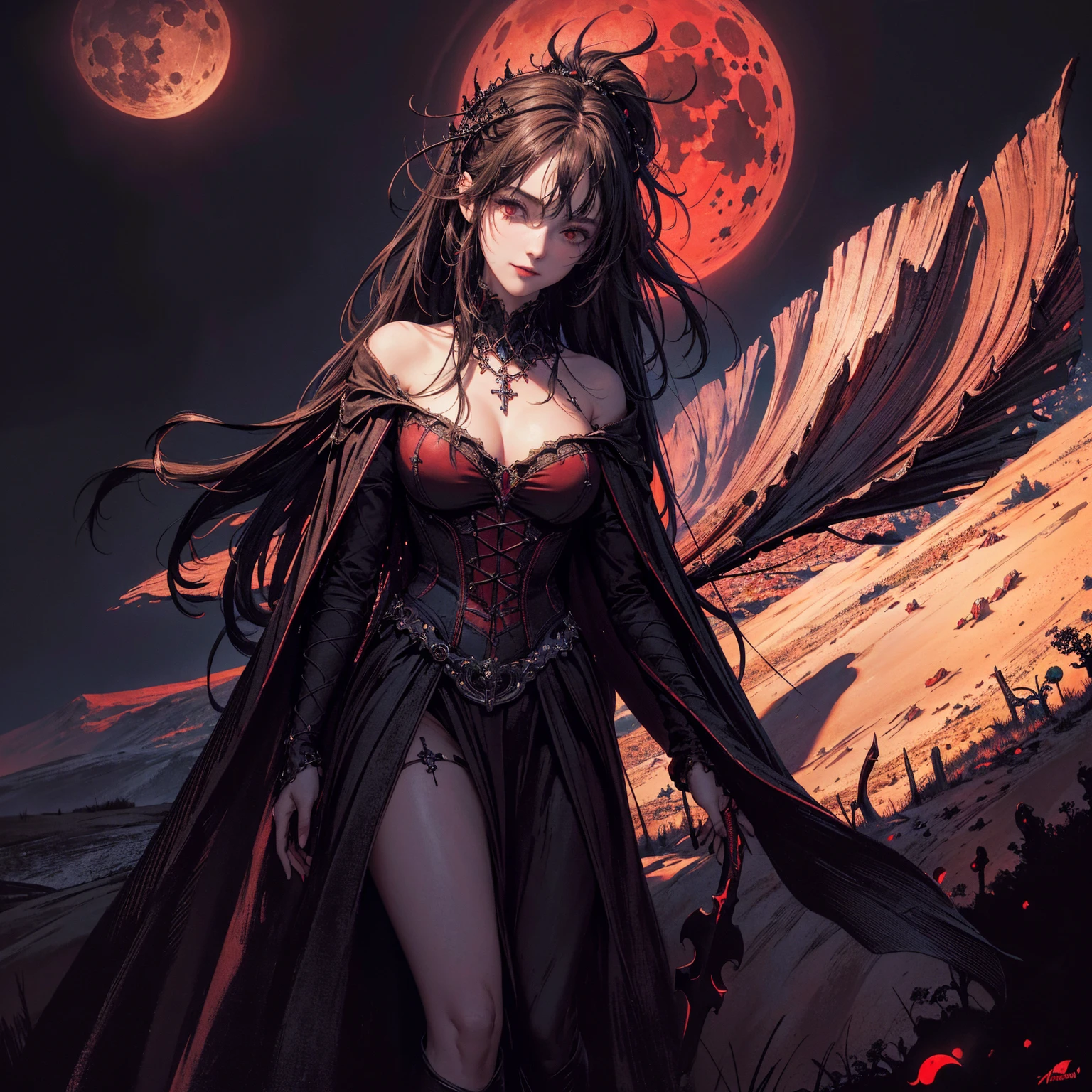 best quality, 4k, High resolution, masterpiece:1.2, Extremely detailed, Practical:1.37, Mood lighting, girl, Playful smile, Crucified, Pitch black sky, Red Moonlight, Weird atmosphere, Gothic style, Unforgettable beauty, Dramatic shadows, Ethereal Light, Mysterious atmosphere.