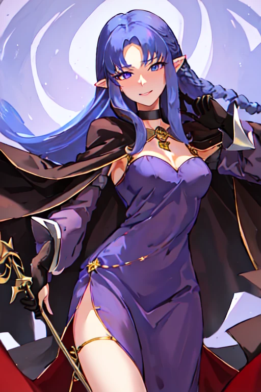 best quality, masterpiece, highres, solo, {medea_fgo:1.15}, pointy_ears, long_hair, blue_hair, blue_eyes, braid, side_braid, breasts, 1girl, dress, gloves, holding, holding_staff, purple_dress, purple_eyes, smile, staff, choker, looking_at_viewer, long_dress, black_gloves, cape, long_sleeves, very_long_hair