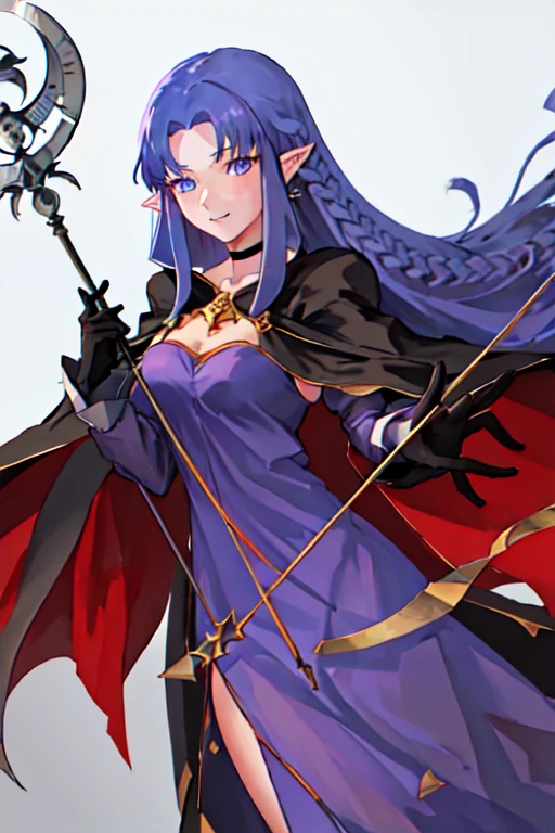 best quality, masterpiece, highres, solo, {medea_fgo:1.15}, pointy_ears, long_hair, blue_hair, blue_eyes, braid, side_braid, breasts, 1girl, dress, gloves, holding, holding_staff, purple_dress, purple_eyes, smile, staff, choker, looking_at_viewer, long_dress, black_gloves, cape, long_sleeves, very_long_hair