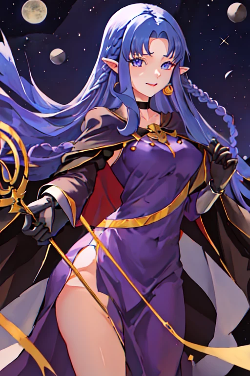 best quality, masterpiece, highres, solo, {medea_fgo:1.15}, pointy_ears, long_hair, blue_hair, blue_eyes, braid, side_braid, breasts, 1girl, dress, gloves, holding, holding_staff, purple_dress, purple_eyes, smile, staff, choker, looking_at_viewer, long_dress, black_gloves, cape, long_sleeves, very_long_hair