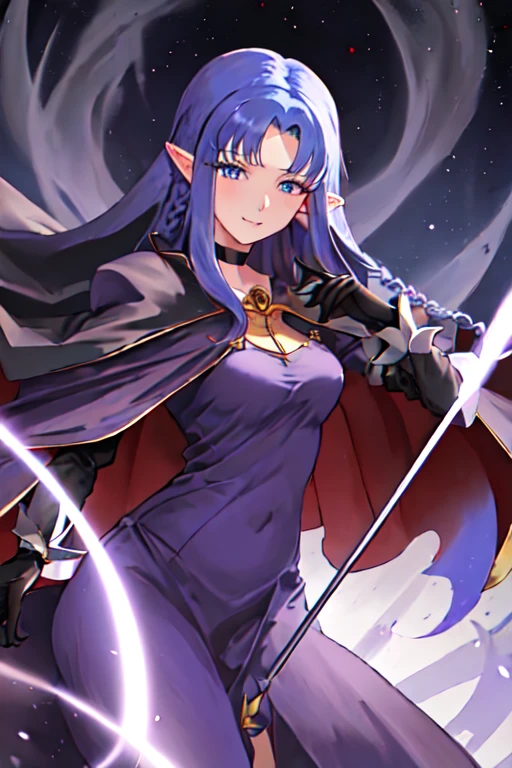 best quality, masterpiece, highres, solo, {medea_fgo:1.15}, pointy_ears, long_hair, blue_hair, blue_eyes, braid, side_braid, breasts, 1girl, dress, gloves, holding, holding_staff, purple_dress, purple_eyes, smile, staff, choker, looking_at_viewer, long_dress, black_gloves, cape, long_sleeves, very_long_hair