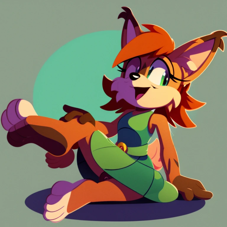 score_9, score_8_up, 1girl, solo, elora furry, detailed and extremely fluffy body fur, fluff, masterpiece, looking up, holding her leg, licking his feet, happy, leaf-dress, sfw, lineless style, 2D 