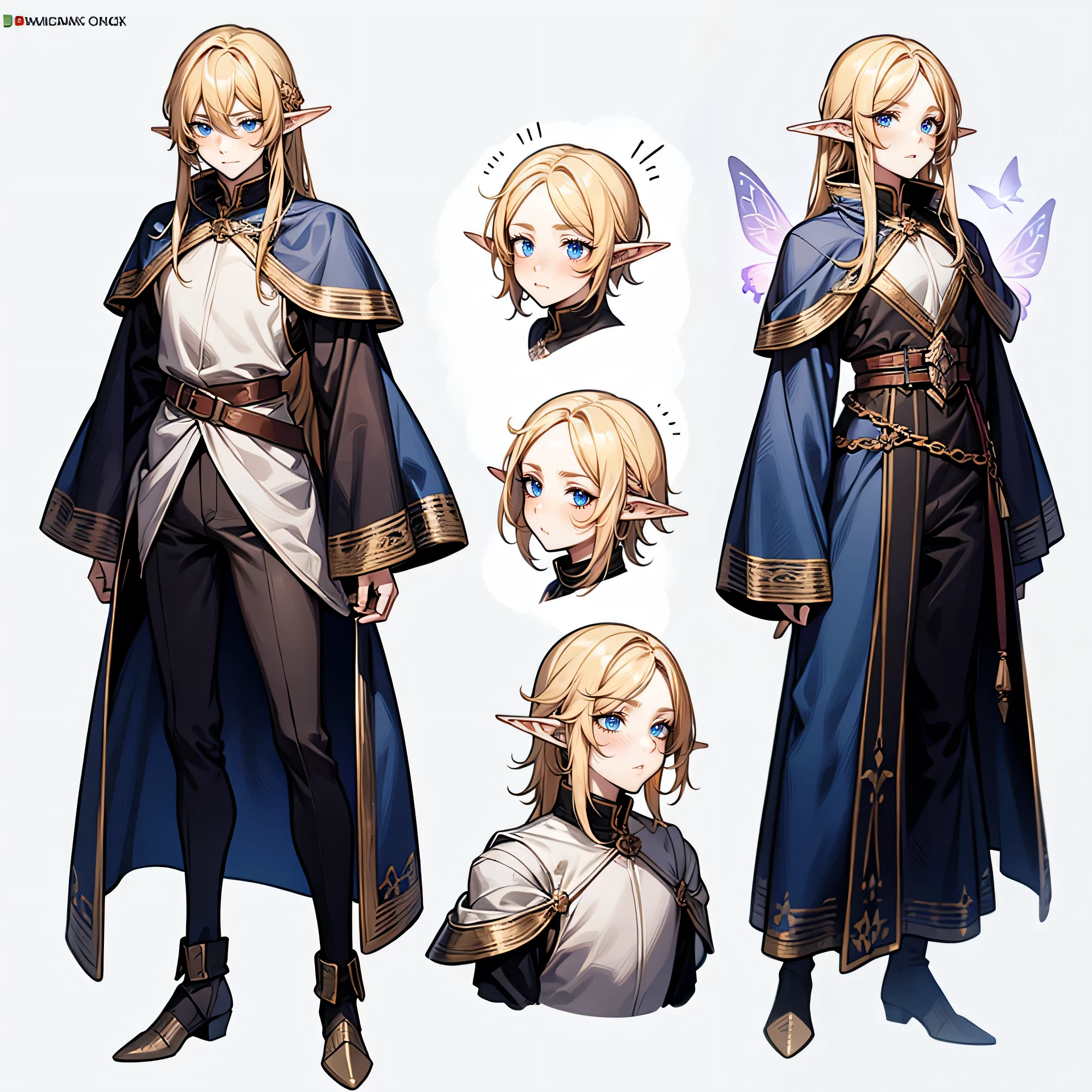 1 boy, long yellow hair, femboy, elf ears, medieval fantasy, sexy medieval clothing, fairy wings, soft skin, butterfly wings