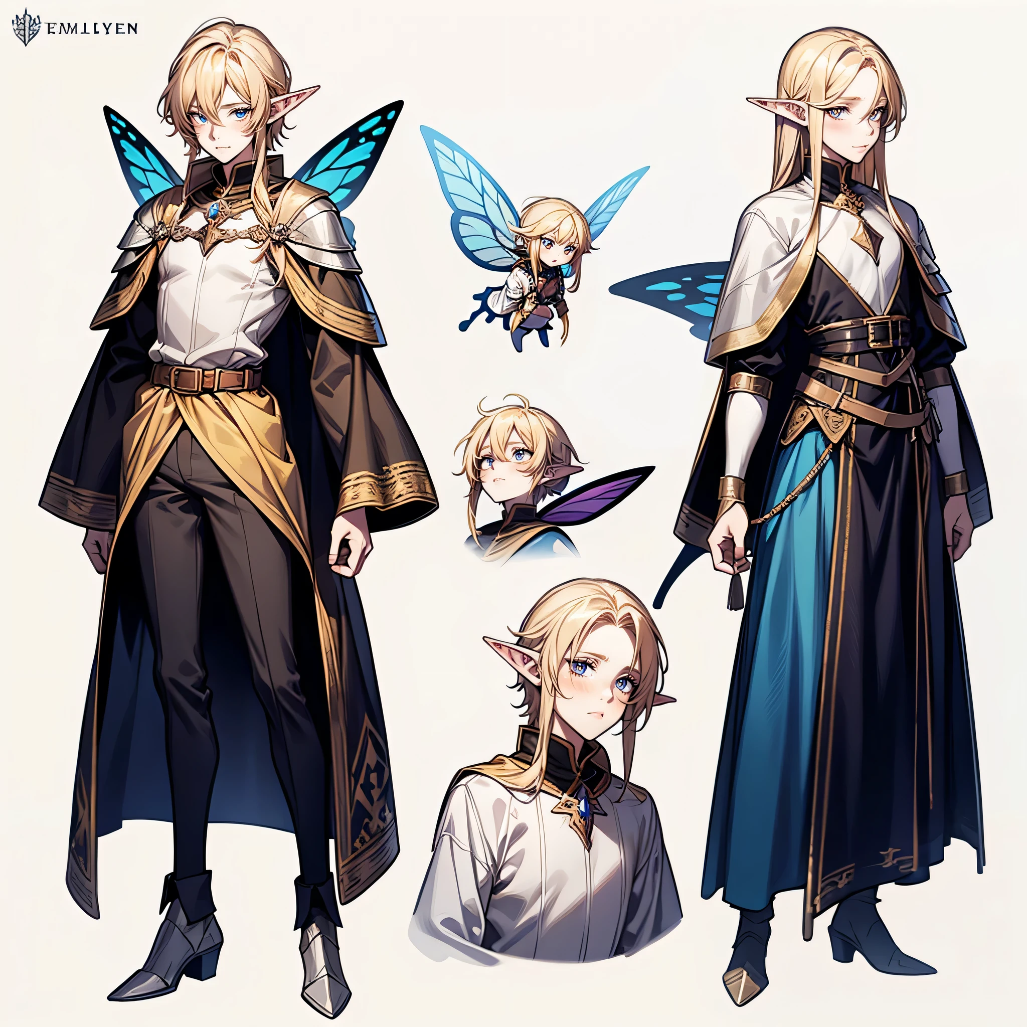 1 boy, long yellow hair, femboy, elf ears, medieval fantasy, sexy medieval clothing, fairy wings, soft skin, butterfly wings