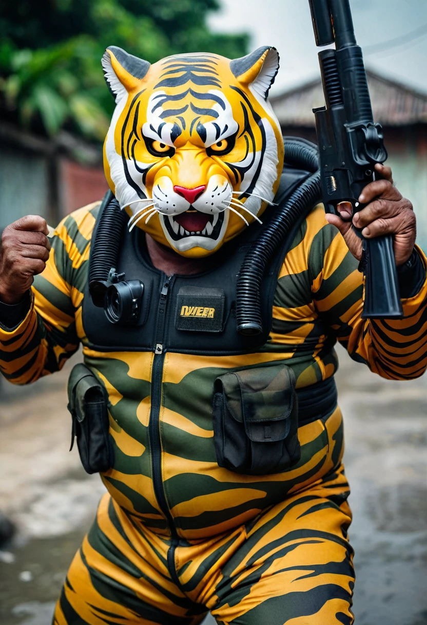 (a dark-skinned fat old man in a bulky camouflage zipper diver suit) holding a gun and (wearing roaring tiger mask that show the wearer eyes), muscular, Basuki Abdullah, sumatraism, action, a character portrait, heroic, fierce, snarling