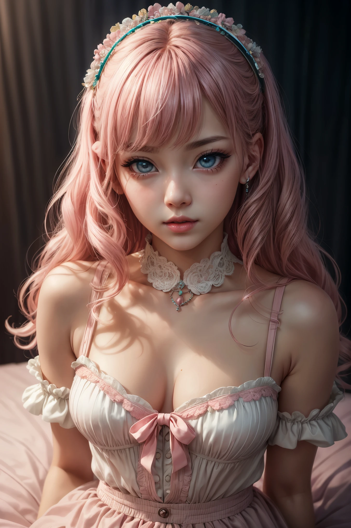 masterpiece, (photorealistic:1.4), beautiful eyes, gyaru, kawaii, (((small bust))), con, , wearing blouse, skirt, lolicutecore, dollcore,retro, coquette, inspired by Li Chevalier, best quality, super high res, sweet, intimate, (((seated on pink bed))), innocent, closeup, masterpiece, best quality, kawaii, dynamic pose,aesthetic, beautiful face, face focus, closeup, 8k, RAW photo, photo-realistic, long, wavy hair, photorealistic, kawaii, cinematic lights, intricate details, highly detailed, fantasy, cinematic, pastel colors
