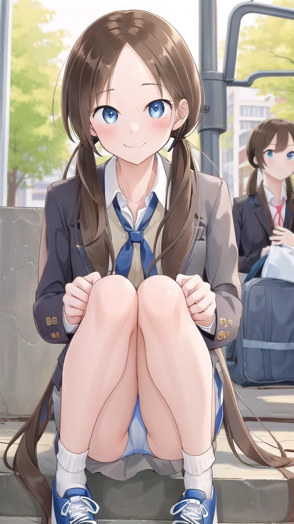masterpiece, highest quality, Absurd, Perfect Anatomy, Beautiful background, Beautiful Face, Beautiful Eyes, Beautiful body, 1People Girls,(Noodles)、from the front、Portraiture、 Twin tails、ribbon、Brown Hair,blush、smile、High School Girl Blazer、Sitting on the steps of the station、(Leg spread)、Hands on knees、Grey pencil skirt、Light blue lace panties、loose socks、sneakers