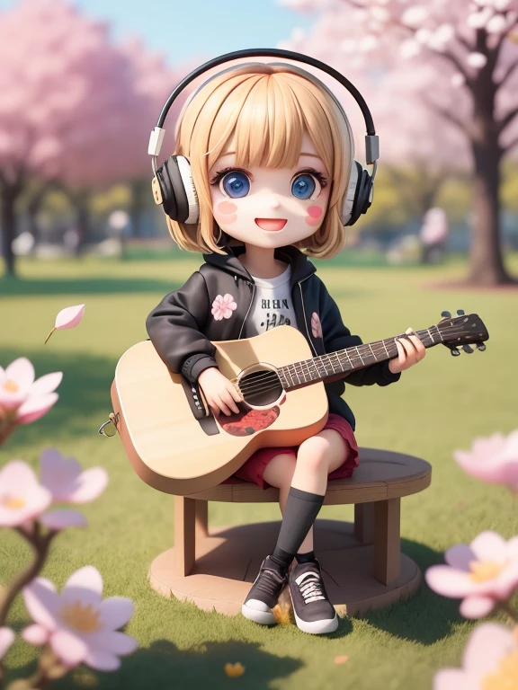 With two legs。Blonde short hair、Playing an acoustic guitar、(masterpiece),(best quality),(ultra-detailed), (full body:1.2), solid background 1girl, chibi,cute, smile, open mouth, outdoors, playing ((piano)),music, jacket, blush, tree, :3, shirt, short hair, cherry blossoms, blurry, brown hair, blush stickers, long sleeves, bangs, headphones, black hair, pink flower, (beautiful detailed face), (beautiful detailed eyes),