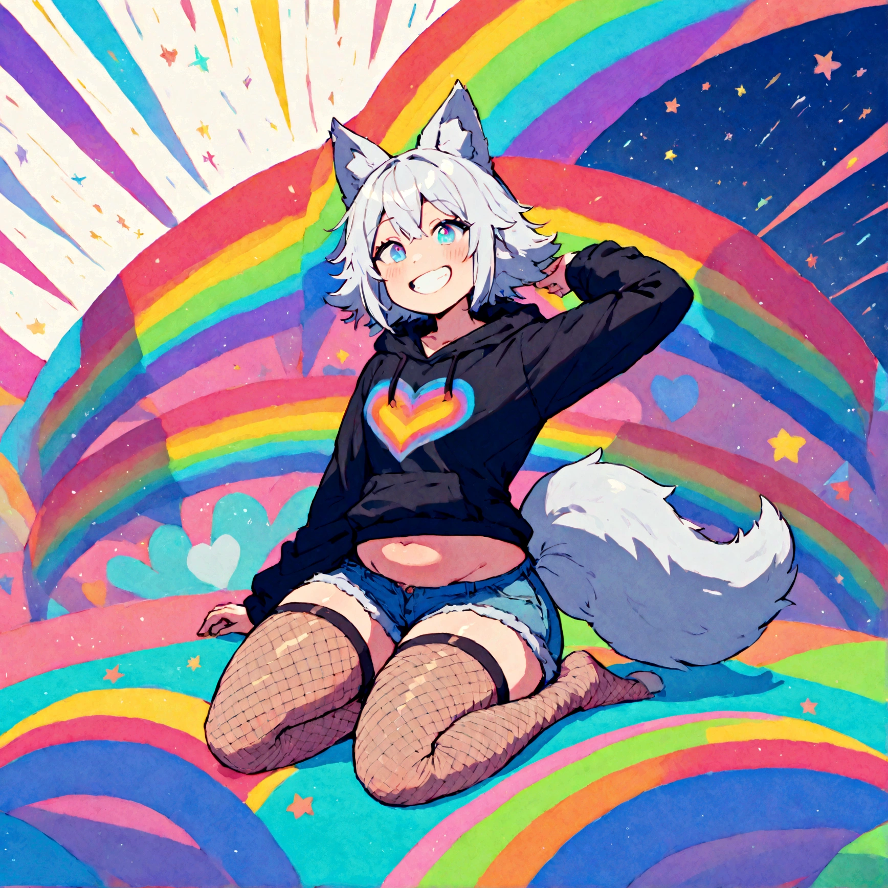 a cute adult male with wolf ears, white hair, has a wolf tail, wearing a loose cropped oversized black hoodie, wearing a pair of denim short shorts and thigh high fishnet stockings, thick thighs, wide hips, relaxing on mound of fluffy multi colored kawaii plushies, short, very slim, showing slender tummy, stretching out, heart on hoodie, squishy thighs, has glowing blue eyes. alone, solo (ALONE)(SOLO), surrounded by rainbows, colorful galaxy backround, mouth wide open grin, very happy, excited, nice butt