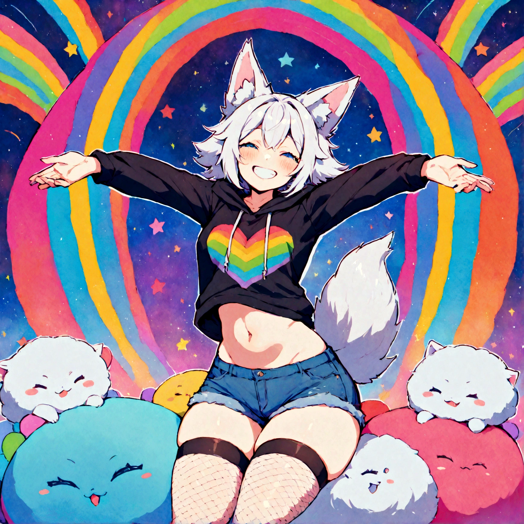 a cute adult male with wolf ears, white hair, has a wolf tail, wearing a loose cropped oversized black hoodie, wearing a pair of denim short shorts and thigh high fishnet stockings, thick thighs, wide hips, relaxing on mound of fluffy multi colored kawaii plushies, short, very slim, showing slender tummy, stretching out, heart on hoodie, squishy thighs, has glowing blue eyes. alone, solo (ALONE)(SOLO), surrounded by rainbows, colorful galaxy backround, mouth wide open grin, very happy, excited, nice butt