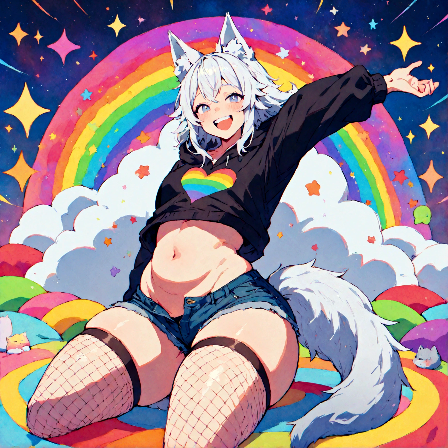 a cute adult male with wolf ears, white hair, has a wolf tail, wearing a loose cropped oversized black hoodie, wearing a pair of denim short shorts and thigh high fishnet stockings, thick thighs, wide hips, relaxing on mound of fluffy multi colored kawaii plushies, short, very slim, showing slender tummy, stretching out, heart on hoodie, squishy thighs, has glowing blue eyes. alone, solo (ALONE)(SOLO), surrounded by rainbows, colorful galaxy backround, mouth wide open grin, very happy, excited, nice butt