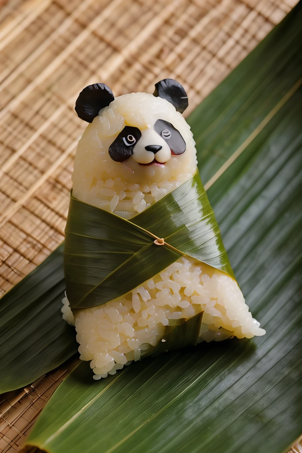 A panda-shaped rice dumpling，Made of glutinous rice，Cute expression，The lower body is wrapped in zong leaves，Head sticking out of the bamboo leaves，Equally spaced，Cartoon Style，Macro lens，Studio light，Bold color scheme