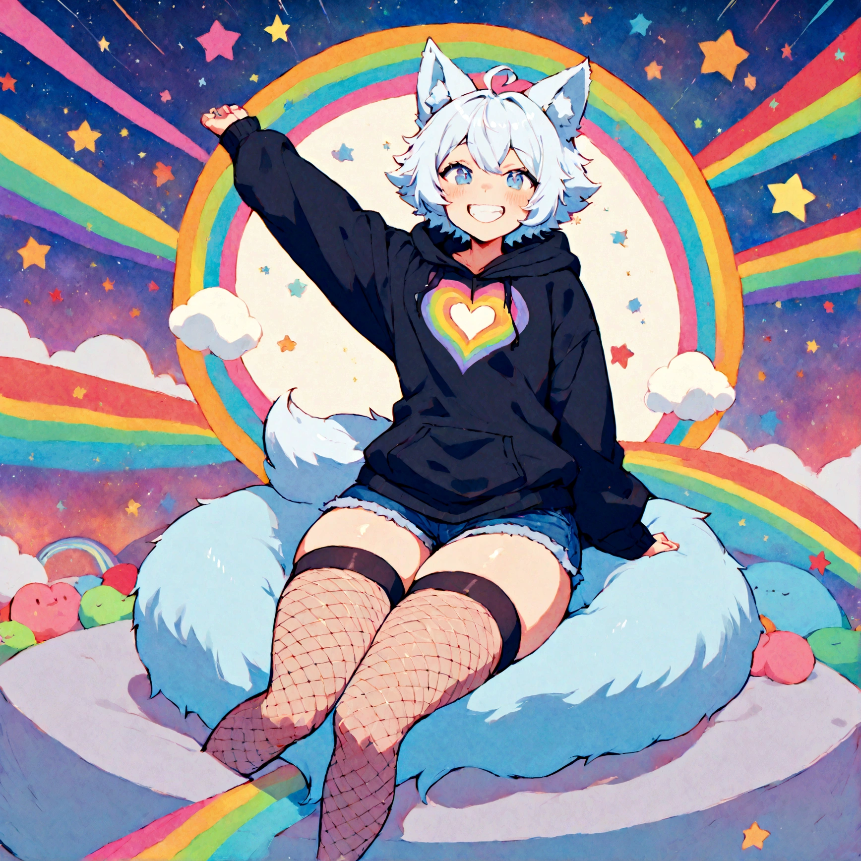 a cute adult male with wolf ears, white hair, has a wolf tail, wearing a loose cropped oversized black hoodie, wearing a pair of denim short shorts and thigh high fishnet stockings, thick thighs, wide hips, relaxing on mound of fluffy multi colored kawaii plushies, short, very slim, showing slender tummy, stretching out, heart on hoodie, squishy thighs, has glowing blue eyes. alone, solo (ALONE)(SOLO), surrounded by rainbows, colorful galaxy backround, mouth wide open grin, very happy, excited, nice butt