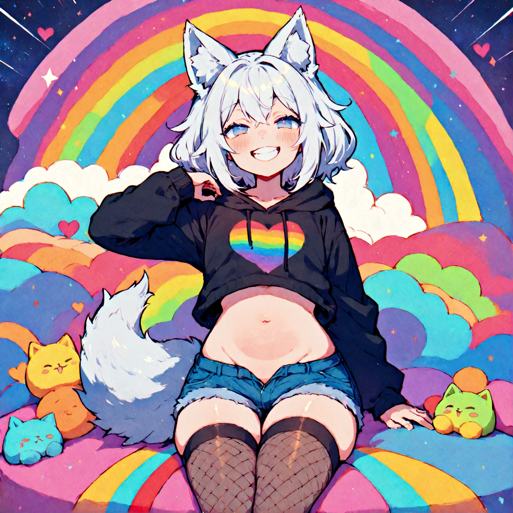 a cute adult male with wolf ears, white hair, has a wolf tail, wearing a loose cropped oversized black hoodie, wearing a pair of denim short shorts and thigh high fishnet stockings, thick thighs, wide hips, relaxing on mound of fluffy multi colored kawaii plushies, short, very slim, showing slender tummy, stretching out, heart on hoodie, squishy thighs, has glowing blue eyes. alone, solo (ALONE)(SOLO), surrounded by rainbows, colorful galaxy backround, mouth wide open grin, very happy, excited, nice butt