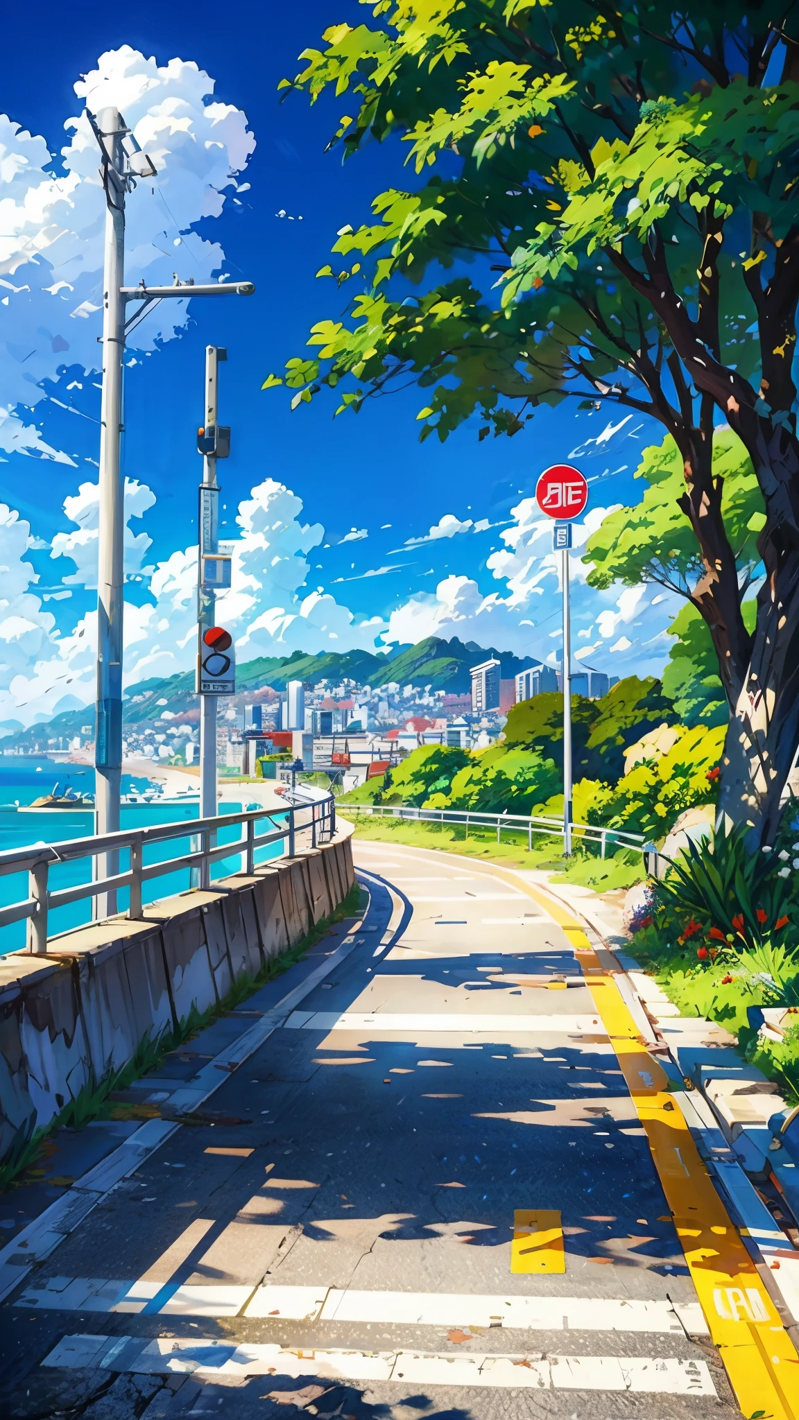 a painting of a street next to a body of water, rio de janeiro in an anime film, anime. by makoto shinkai, anime landscape, by Makoto Shinkai, by makoto shinkai, anime landscape wallpaper, anime scenery, hd anime cityscape, makoto shinkai and (cain kuga), style of makoto shinkai, HD, UHD, HDR, 32 K