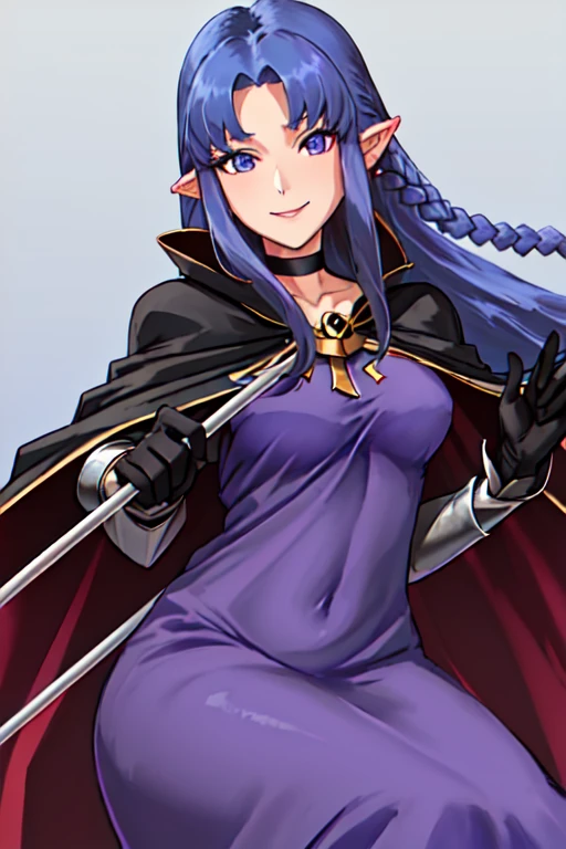 best quality, masterpiece, highres, solo, {medea_fgo:1.15}, pointy_ears, long_hair, blue_hair, blue_eyes, braid, side_braid, breasts, 1girl, dress, gloves, holding, holding_staff, purple_dress, purple_eyes, smile, staff, choker, looking_at_viewer, long_dress, black_gloves, cape, long_sleeves, very_long_hair