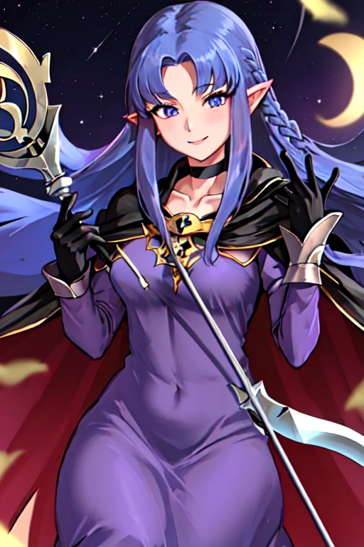 best quality, masterpiece, highres, solo, {medea_fgo:1.15}, pointy_ears, long_hair, blue_hair, blue_eyes, braid, side_braid, breasts, 1girl, dress, gloves, holding, holding_staff, purple_dress, purple_eyes, smile, staff, choker, looking_at_viewer, long_dress, black_gloves, cape, long_sleeves, very_long_hair