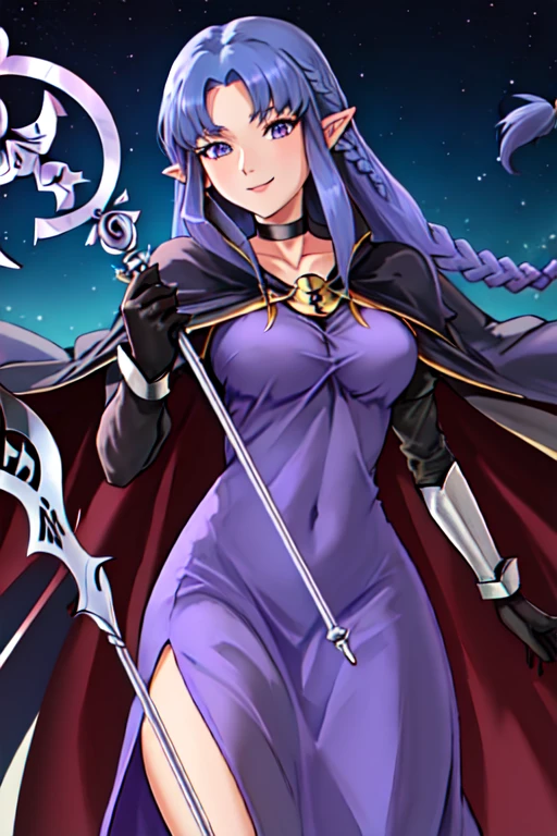 best quality, masterpiece, highres, solo, {medea_fgo:1.15}, pointy_ears, long_hair, blue_hair, blue_eyes, braid, side_braid, breasts, 1girl, dress, gloves, holding, holding_staff, purple_dress, purple_eyes, smile, staff, choker, looking_at_viewer, long_dress, black_gloves, cape, long_sleeves, very_long_hair