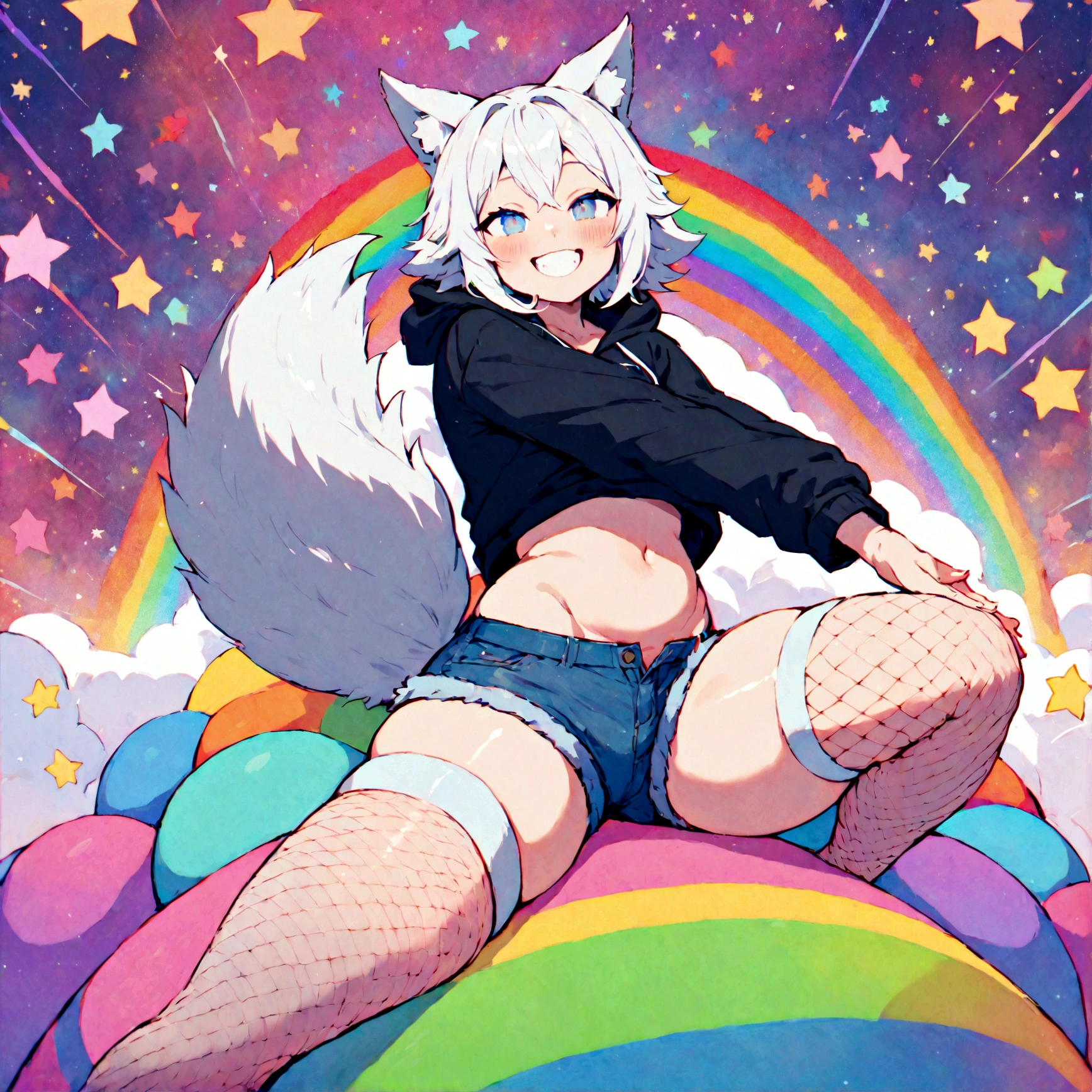 a cute adult male with wolf ears, white hair, has a wolf tail, wearing a loose cropped oversized black hoodie, wearing a pair of denim short shorts and thigh high fishnet stockings, thick thighs, wide hips, relaxing on mound of fluffy multi colored kawaii plushies, short, very slim, showing slender tummy, stretching out, heart on hoodie, squishy thighs, has glowing blue eyes. alone, solo (ALONE)(SOLO), surrounded by rainbows, colorful galaxy backround, mouth wide open grin, very happy, excited, nice butt