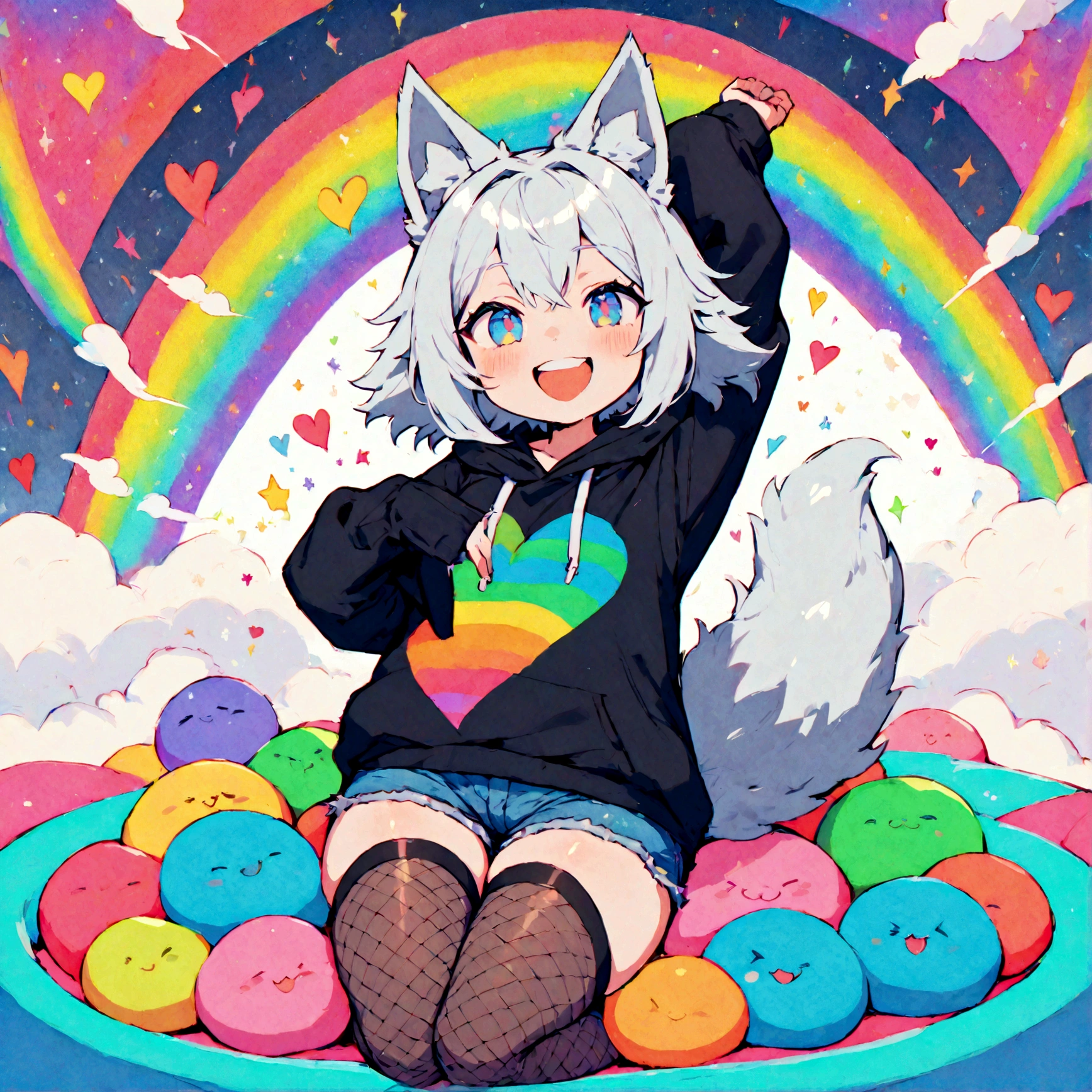 a cute adult male with wolf ears, white hair, has a wolf tail, wearing a loose cropped oversized black hoodie, wearing a pair of denim short shorts and thigh high fishnet stockings, thick thighs, wide hips, relaxing on mound of fluffy multi colored kawaii plushies, short, very slim, showing slender tummy, stretching out, heart on hoodie, squishy thighs, has glowing blue eyes. alone, solo (ALONE)(SOLO), surrounded by rainbows, colorful galaxy backround, mouth wide open grin, very happy, excited, nice butt