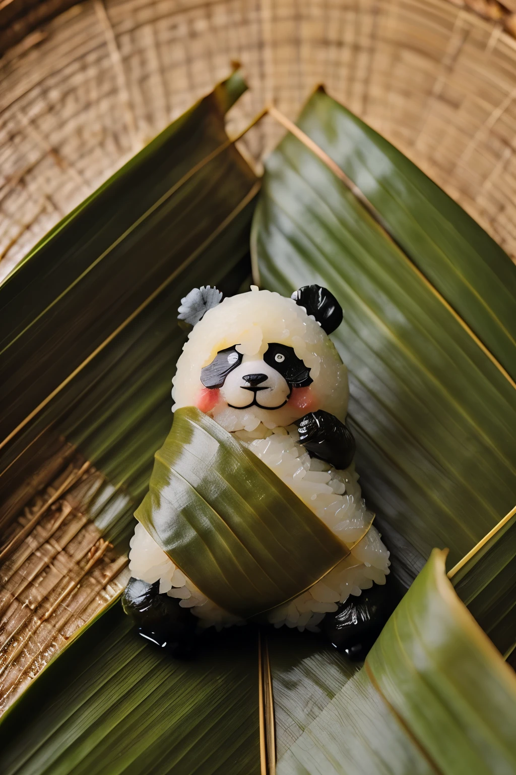 A panda-shaped rice dumpling，Made of glutinous rice，Cute expression，The lower body is wrapped in zong leaves，Head sticking out of the bamboo leaves，Equally spaced，Cartoon Style，Macro lens，Studio light，Bold color scheme