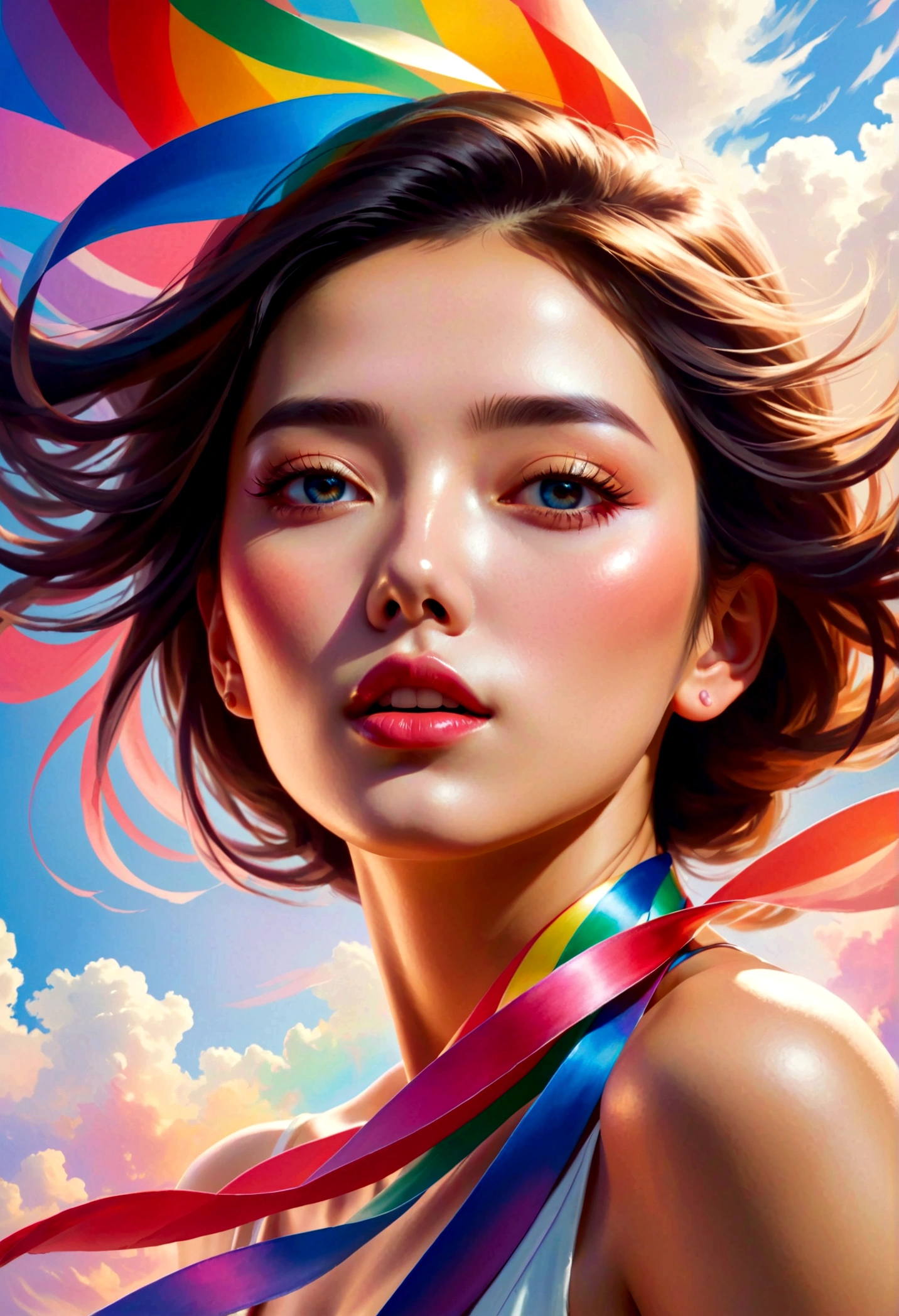 Chinese woman, Close-up of face, Flying female figure made of ribbon, smokes, in the sky, Bright colors, Mysterious colors, Modern Impressionism, portraiture Yanjun Cheng, Rainbow painting, 3/4 Perspective, Cute face, Low Angle, Wide Rotation Composition, big、Beautiful crystal eyes, Big Iris, Ultra HD, HDR, 8K, (masterpiece: 1. 5), (The most beautiful portraits in the world: 1.5)