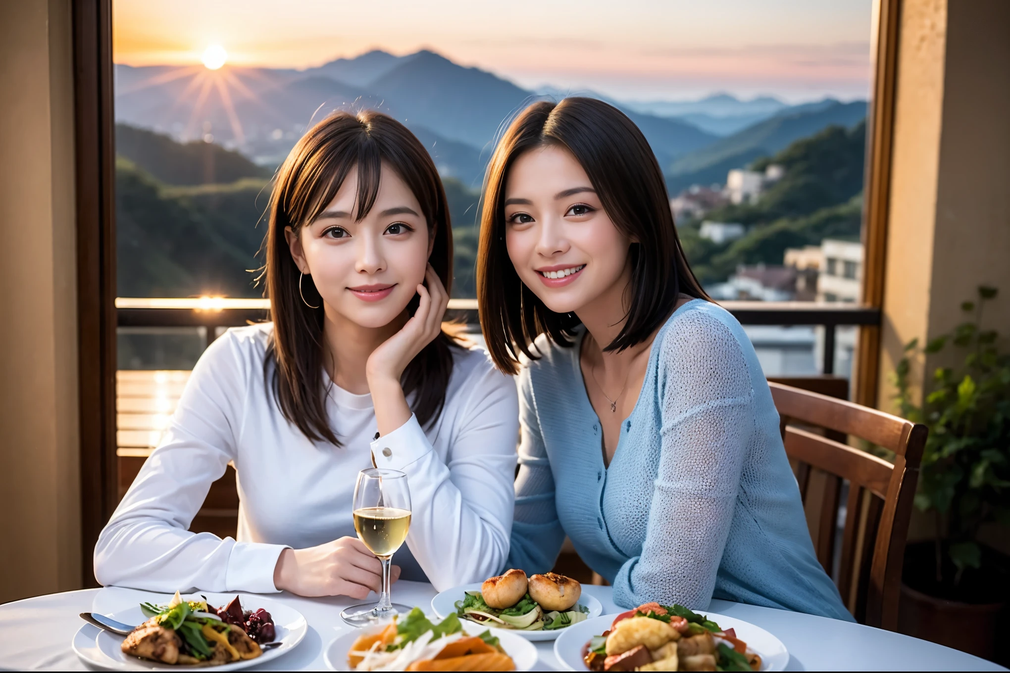 ((highest quality、8k、masterpiece:1.3))、1 male 1 female、Lovers、beautiful couple、Happy Smile、 (Slim face), (The body is スリム), (Brown Hair), (Shortcuts), ((Bob Hale、Straight hair:1.2)), Wine glass on the table、Please put light on my face、 Amazing view of the sunset sky and clouds、Amazing mountain views、The wonderfulness of smiles、Bright image、Blushing, Shortcuts,Bright Face、 (36 years old), 39 years old, red wine 、Appetizers、Italian food、Wine bottle、Champagne、sparkling wine、Long sleeve shirt、dress、Attractive beauty、restaurant, Nova Frog Style, actress, model, Upper Body, White wine, red wine, wine glass, 