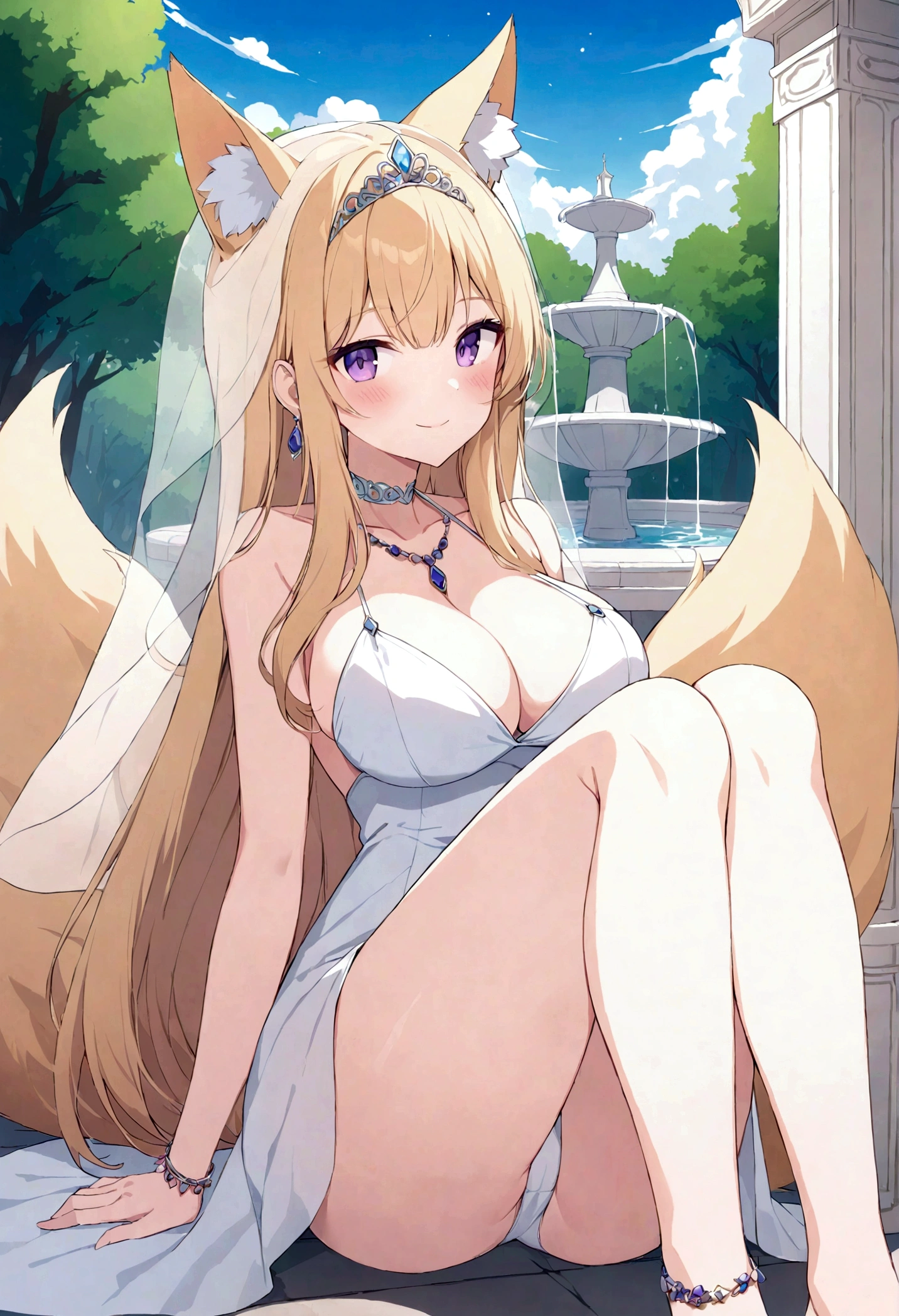 slender, mature female,animal_ears, tail, fox_ears, fox_tail, animal_ear_fluff, fox_girlbreasts, 1girl, jewelry, cleavage, rating:safe, dress, smile, long_hair, bare_shoulders, blonde_hair, sitting, purple_eyes, choker, large_breasts, white_dress, blush, solo, looking_at_viewer, bracelet, collarbone, bangs, earrings, very_long_hair, thighs, knees_up, veil, gem, sleeveless, necklace, eyebrows_visible_through_hair, sleeveless_dress, tiara, hair_ornament, panties, halter_dress, closed_mouth, sidelocks,outdoors, fountain, cloud, column, flower, blue_sky, tree, pillar, fence, tower, stairs,