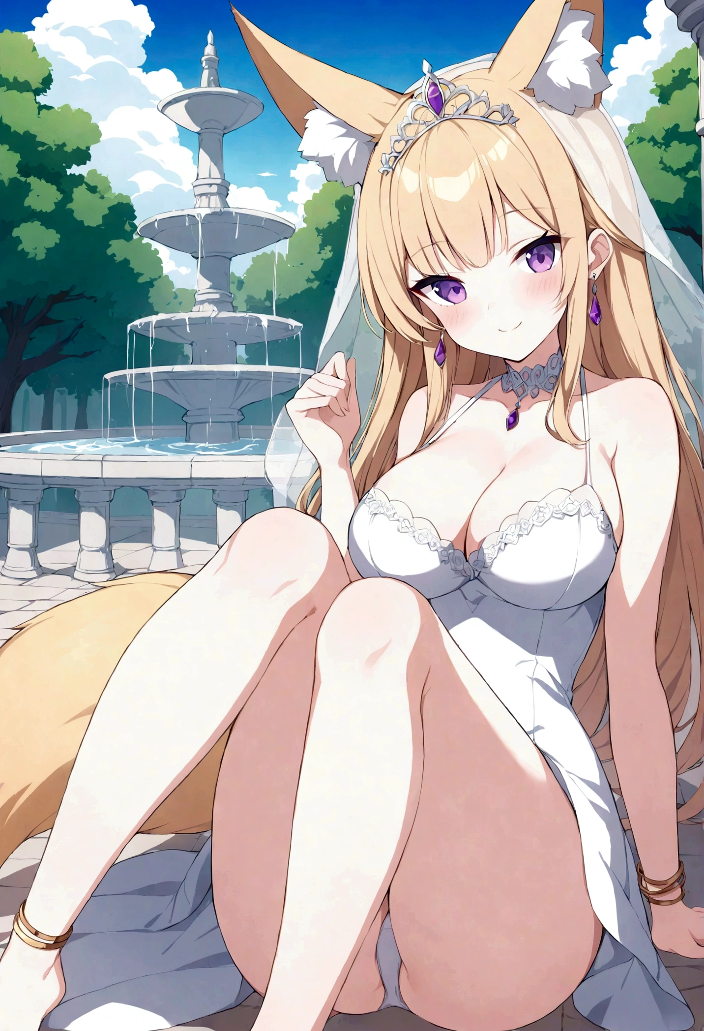 slender, mature female,animal_ears, tail, fox_ears, fox_tail, animal_ear_fluff, fox_girlbreasts, 1girl, jewelry, cleavage, rating:safe, dress, smile, long_hair, bare_shoulders, blonde_hair, sitting, purple_eyes, choker, large_breasts, white_dress, blush, solo, looking_at_viewer, bracelet, collarbone, bangs, earrings, very_long_hair, thighs, knees_up, veil, gem, sleeveless, necklace, eyebrows_visible_through_hair, sleeveless_dress, tiara, hair_ornament, panties, halter_dress, closed_mouth, sidelocks,outdoors, fountain, cloud, column, flower, blue_sky, tree, pillar, fence, tower, stairs,