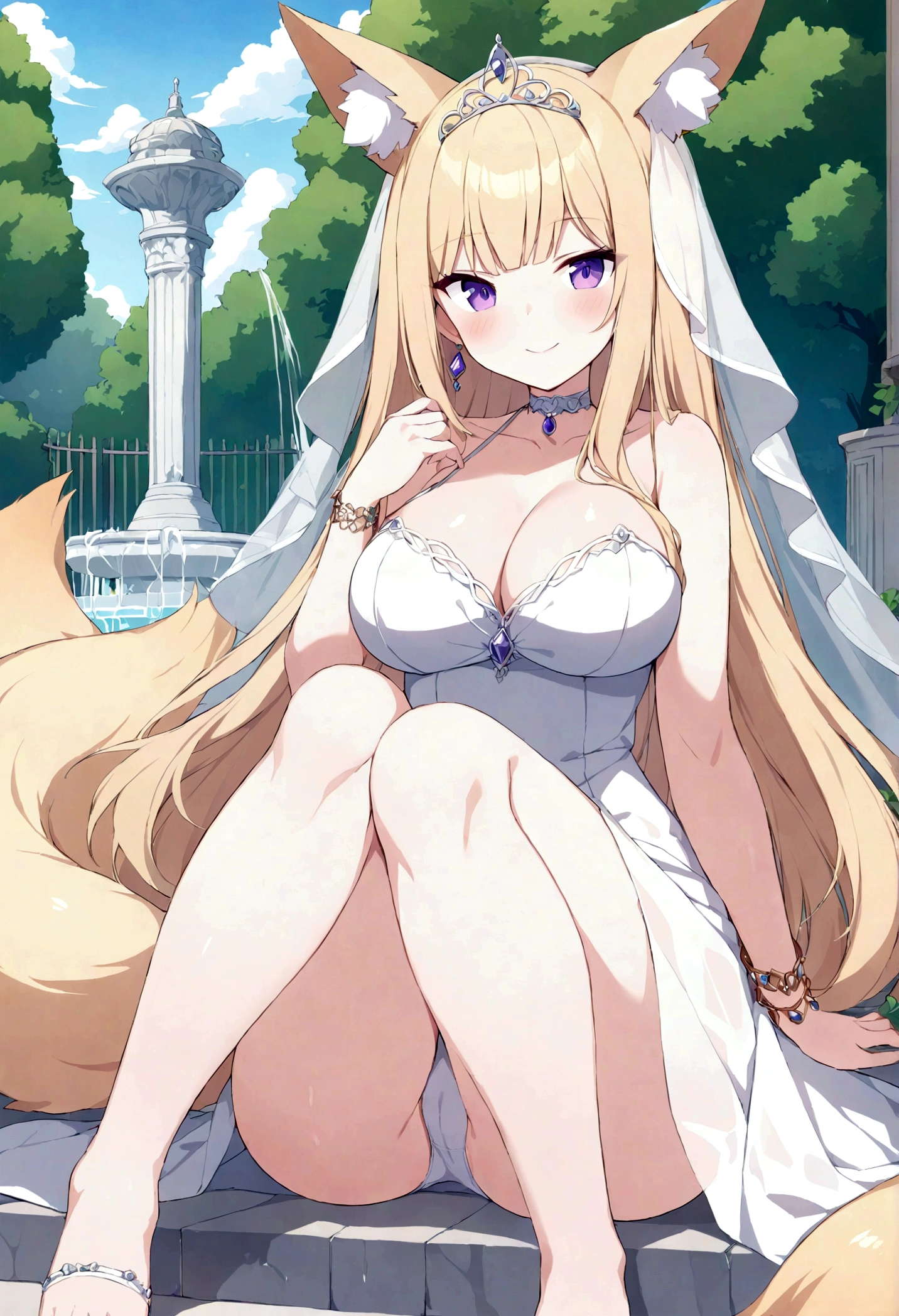 slender, mature female,animal_ears, tail, fox_ears, fox_tail, animal_ear_fluff, fox_girlbreasts, 1girl, jewelry, cleavage, rating:safe, dress, smile, long_hair, bare_shoulders, blonde_hair, sitting, purple_eyes, choker, large_breasts, white_dress, blush, solo, looking_at_viewer, bracelet, collarbone, bangs, earrings, very_long_hair, thighs, knees_up, veil, gem, sleeveless, necklace, eyebrows_visible_through_hair, sleeveless_dress, tiara, hair_ornament, panties, halter_dress, closed_mouth, sidelocks,outdoors, fountain, cloud, column, flower, blue_sky, tree, pillar, fence, tower, stairs,